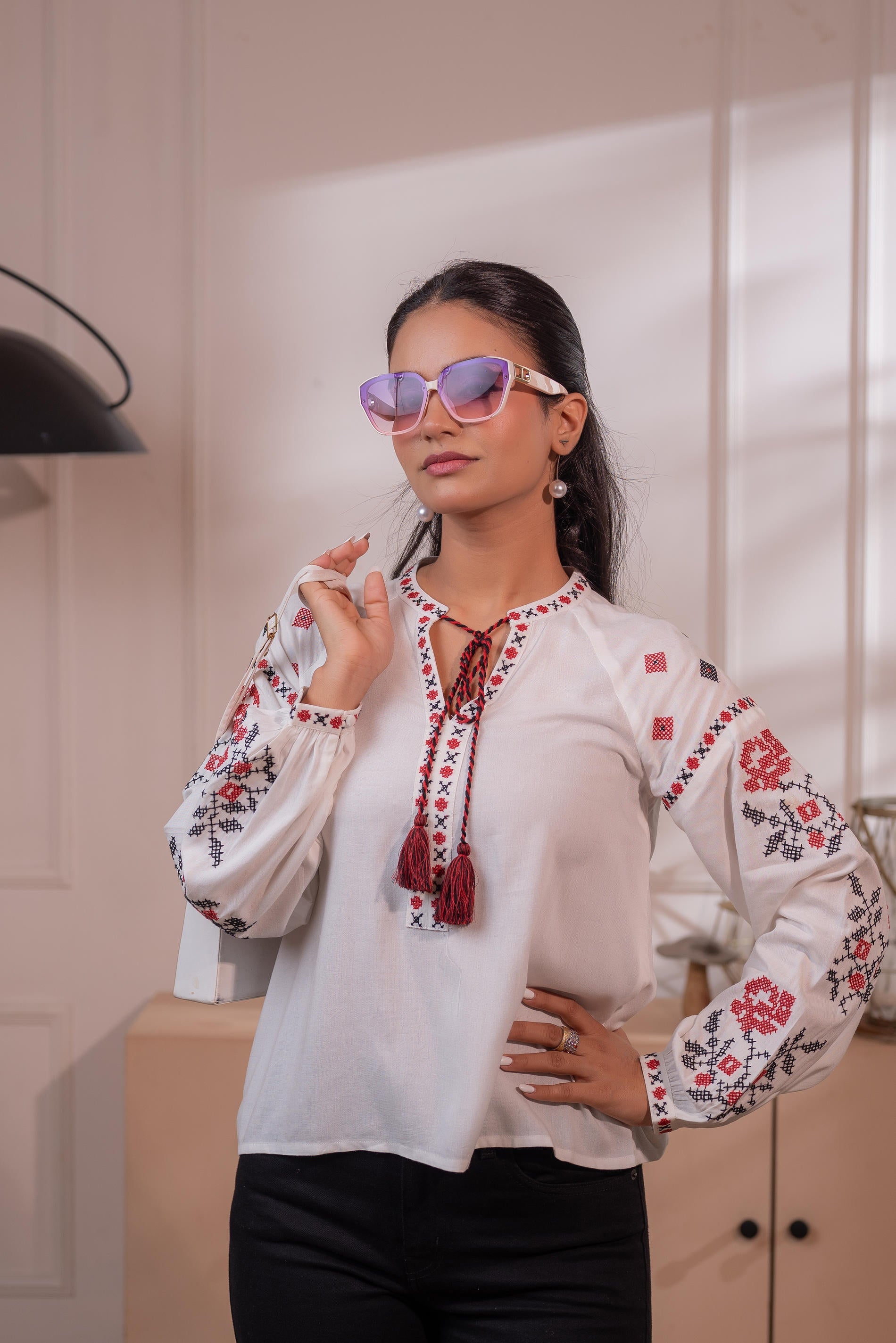 Lamora Off-White Boho Folk Peasant Top with Tassel Tie-Up Neck