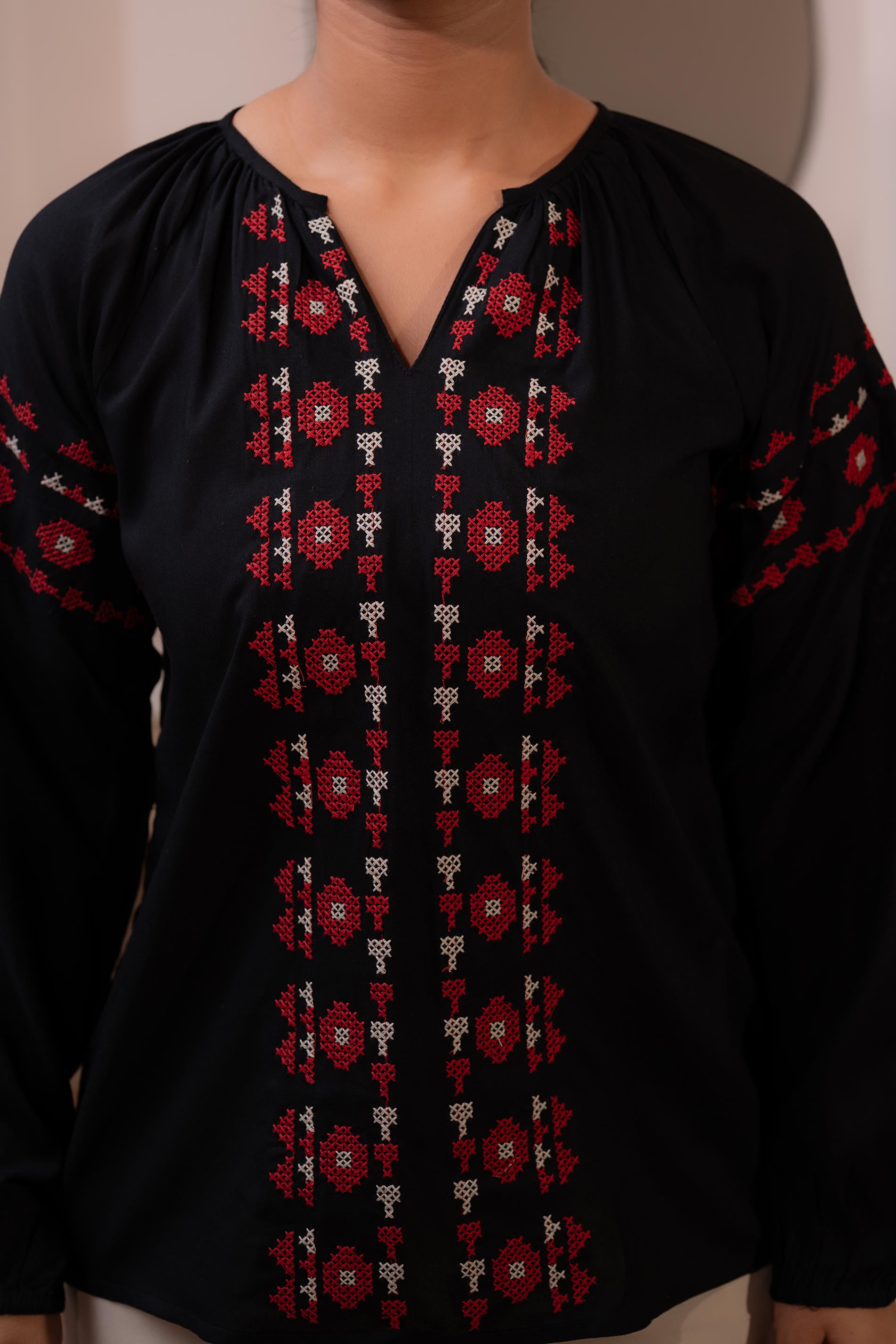 Lamora Black Boho Embroidered Tunic with Geometric Red Motifs