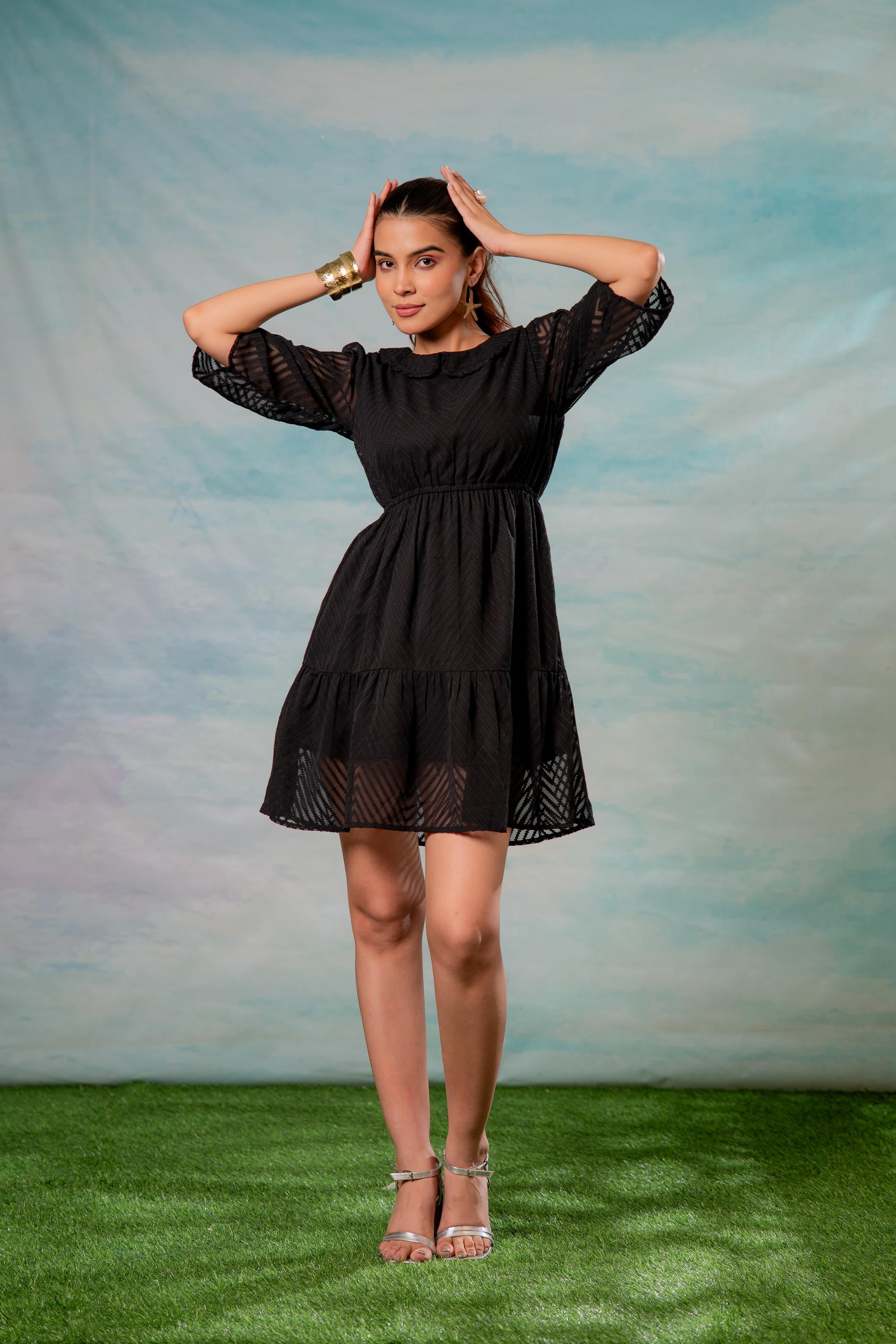 Lamora Black Chevron-Sheer Fit & Flare Mini Dress