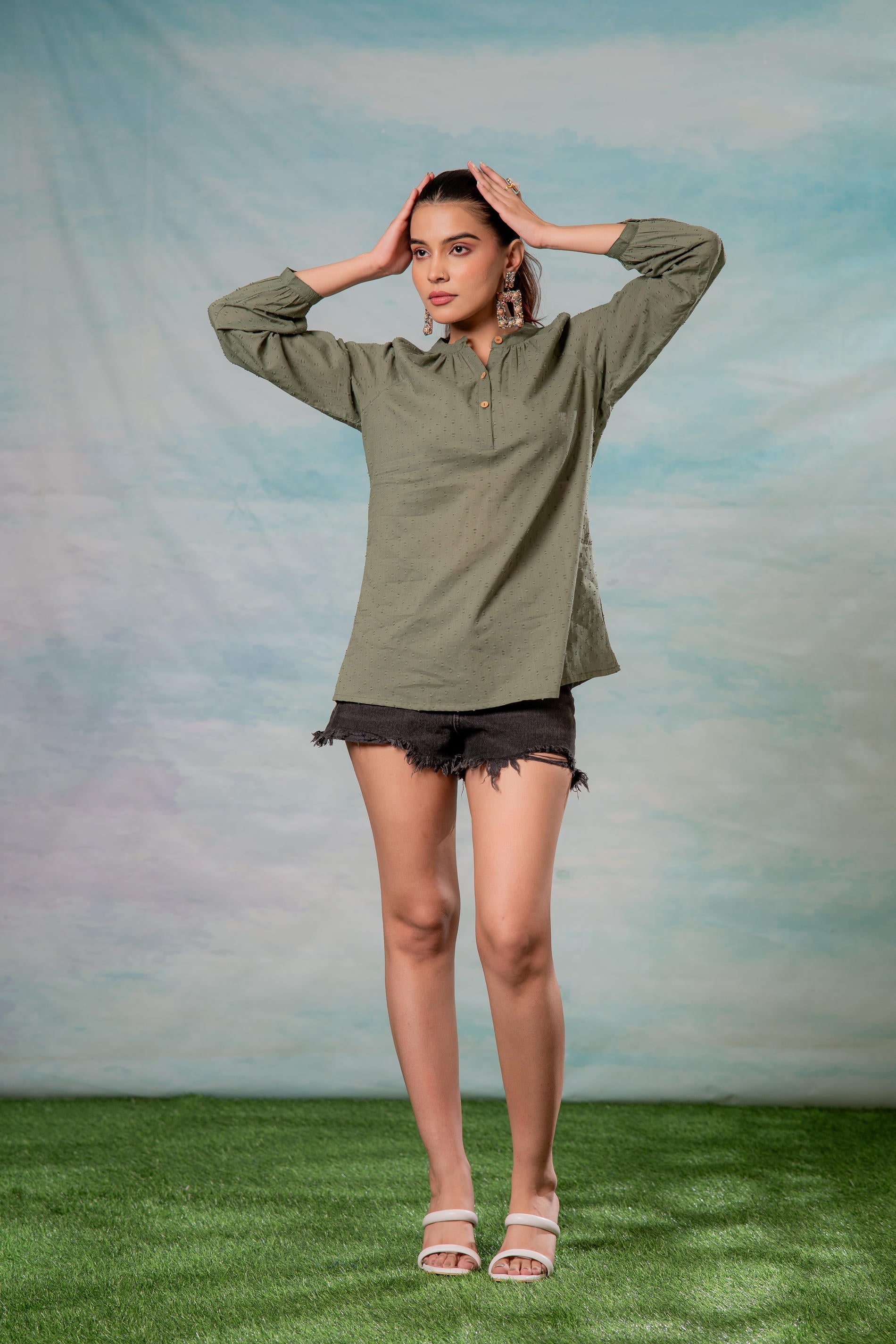 Lamora Olive Green Dobby-Textured Casual Tunic Top
