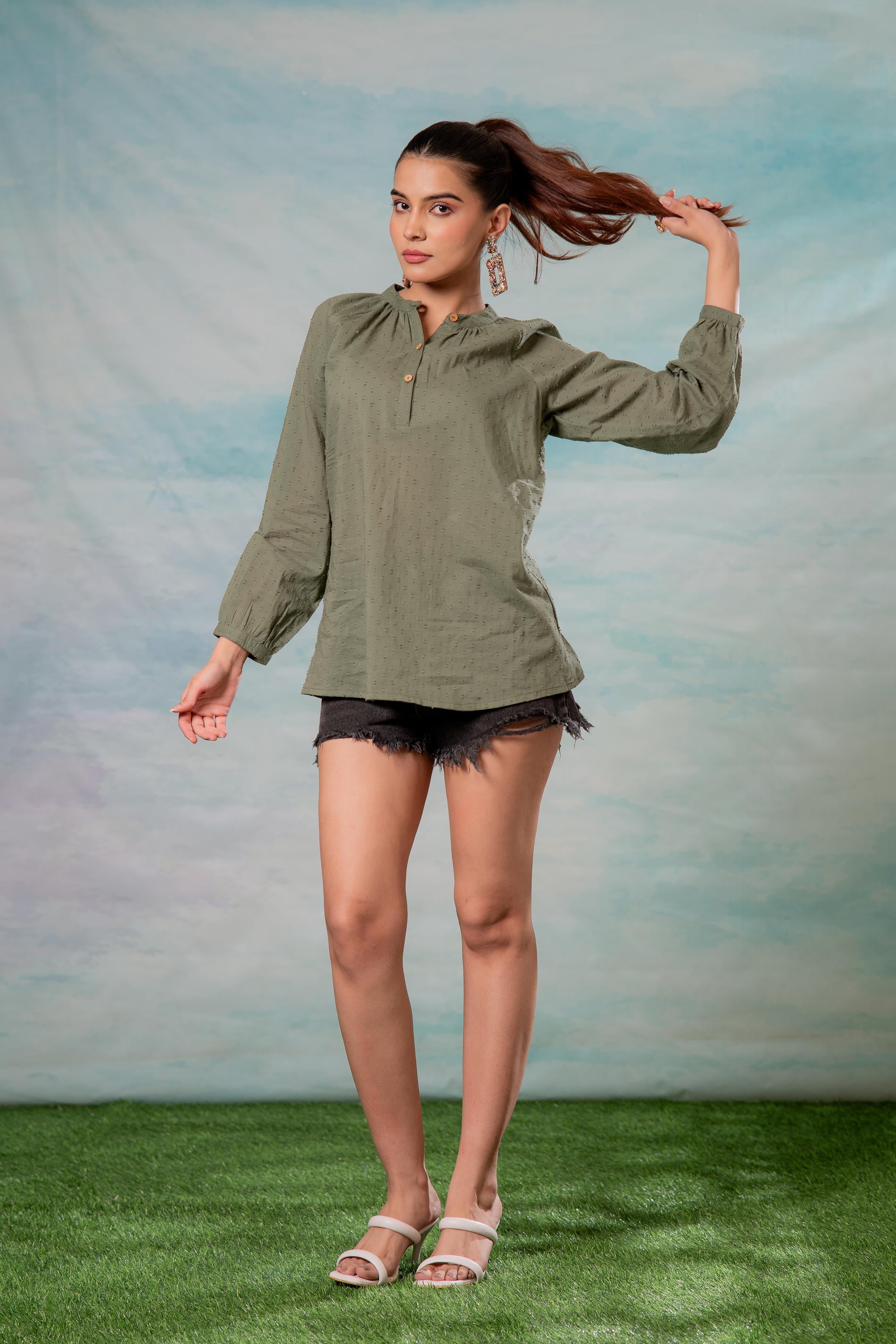 Lamora Olive Green Dobby-Textured Casual Tunic Top