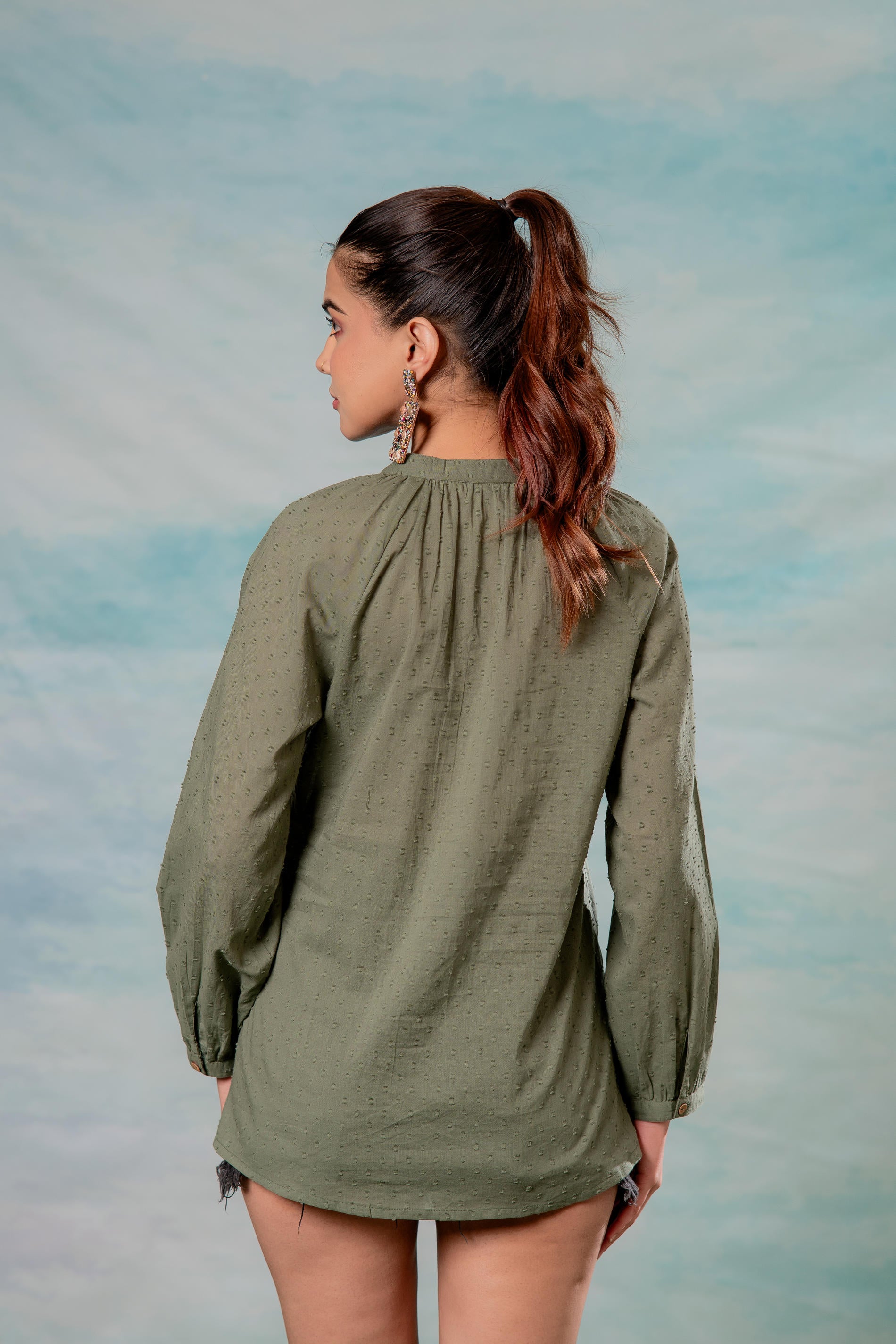 Lamora Olive Green Dobby-Textured Casual Tunic Top