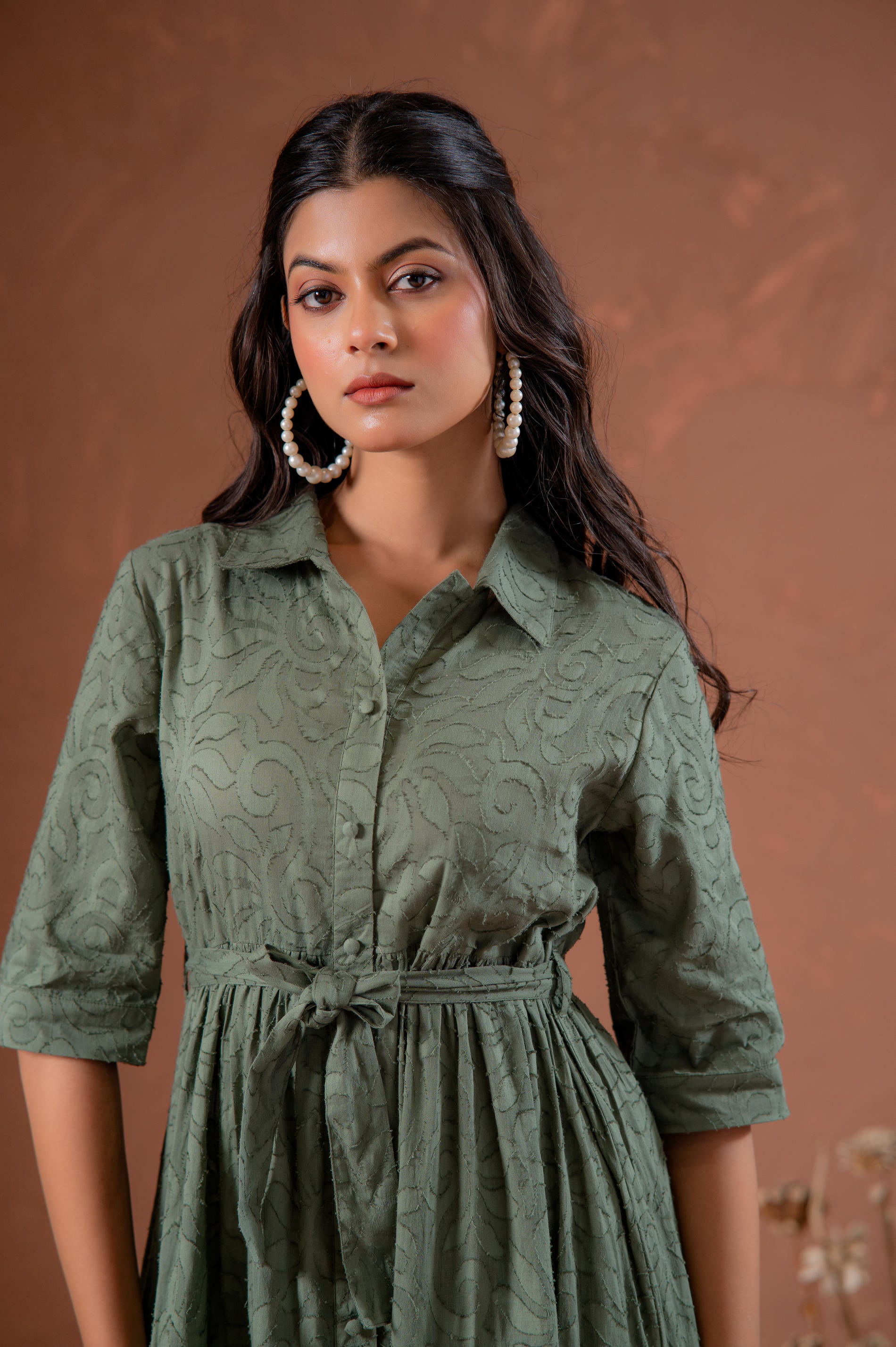 Sage Green Jacquard Tiered Shirt Dress with Waist Tie