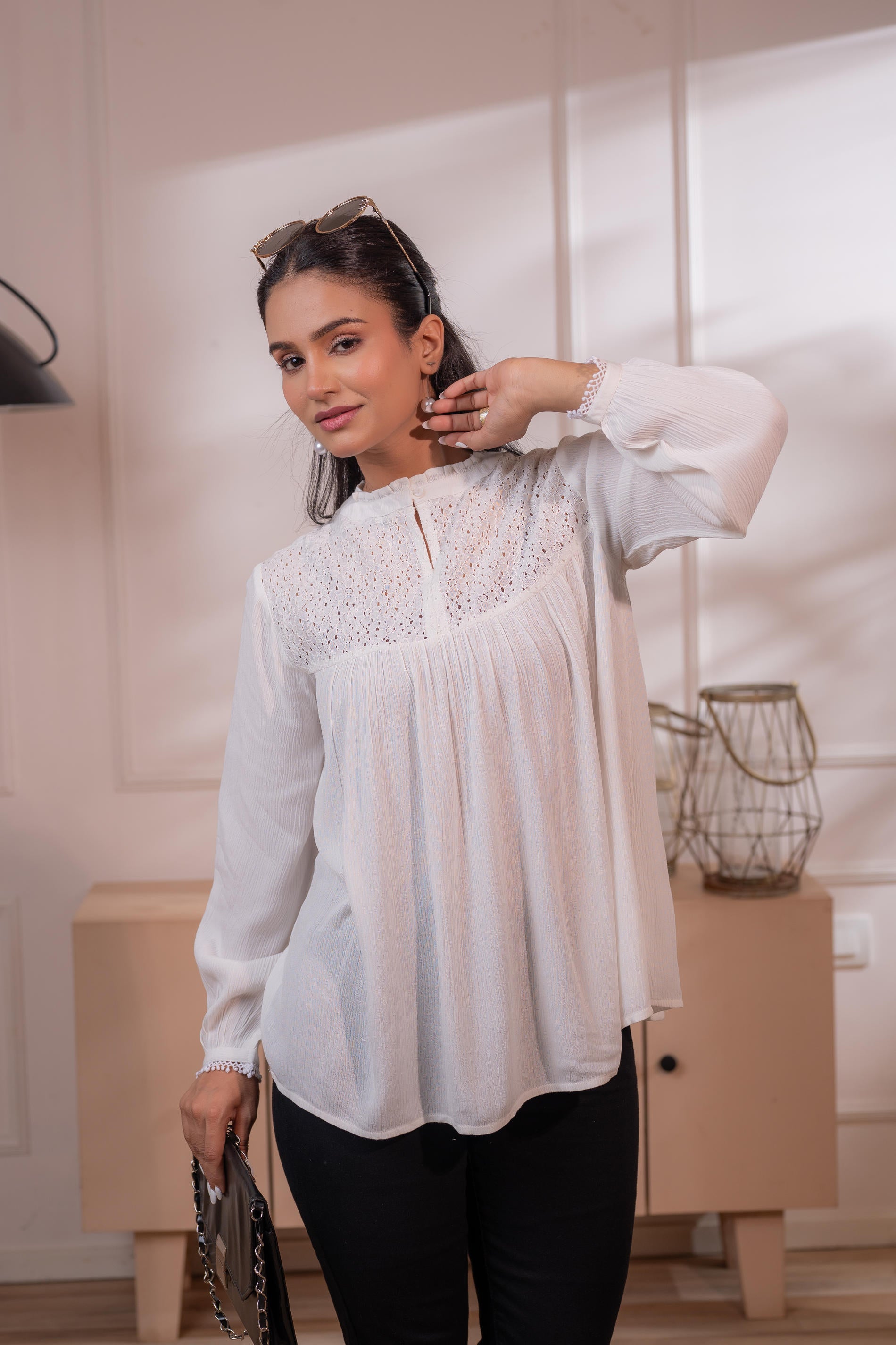 Lamora Off-White Eyelet Yoke Gathered Peasant Top