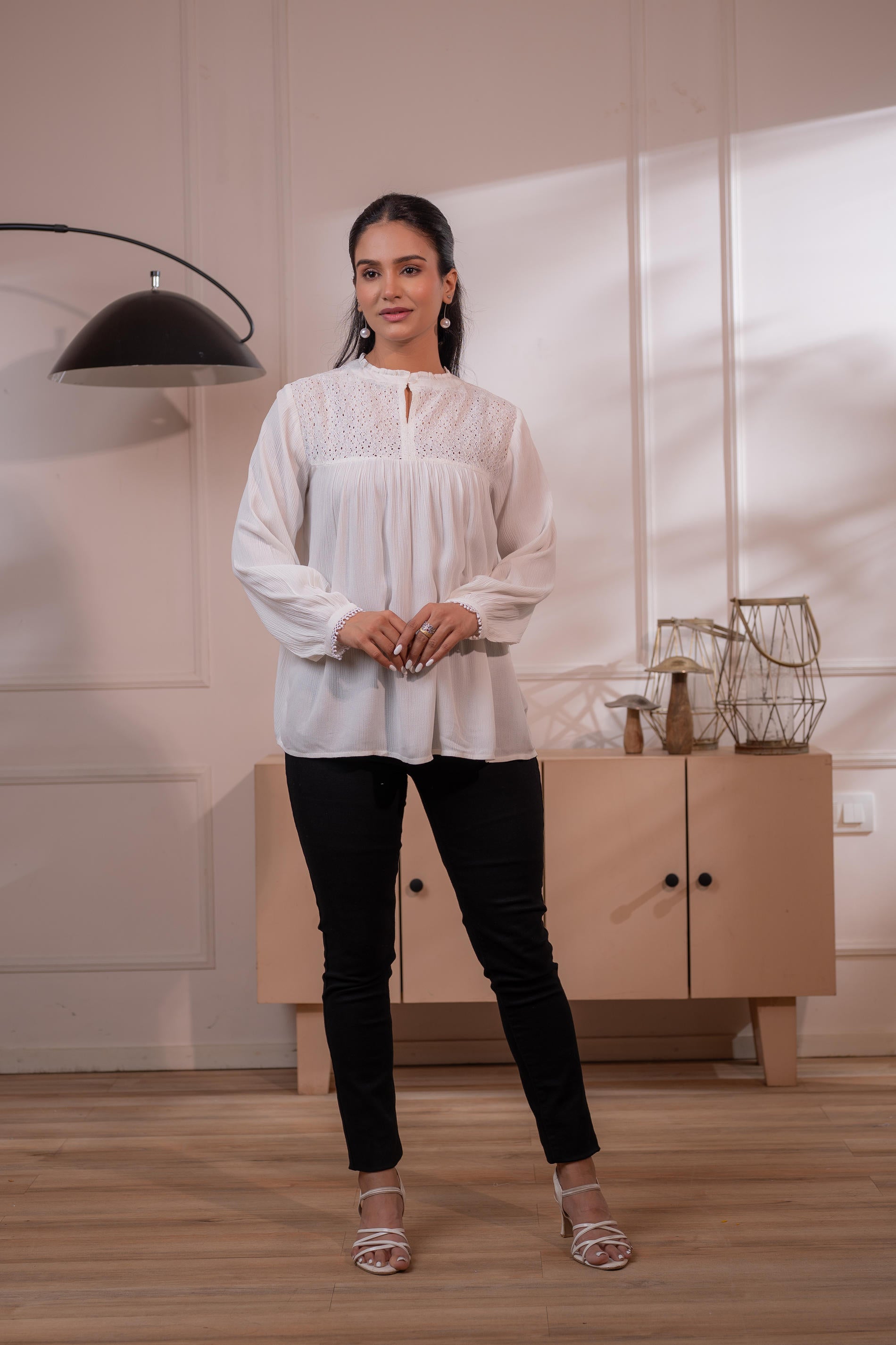 Lamora Off-White Eyelet Yoke Gathered Peasant Top