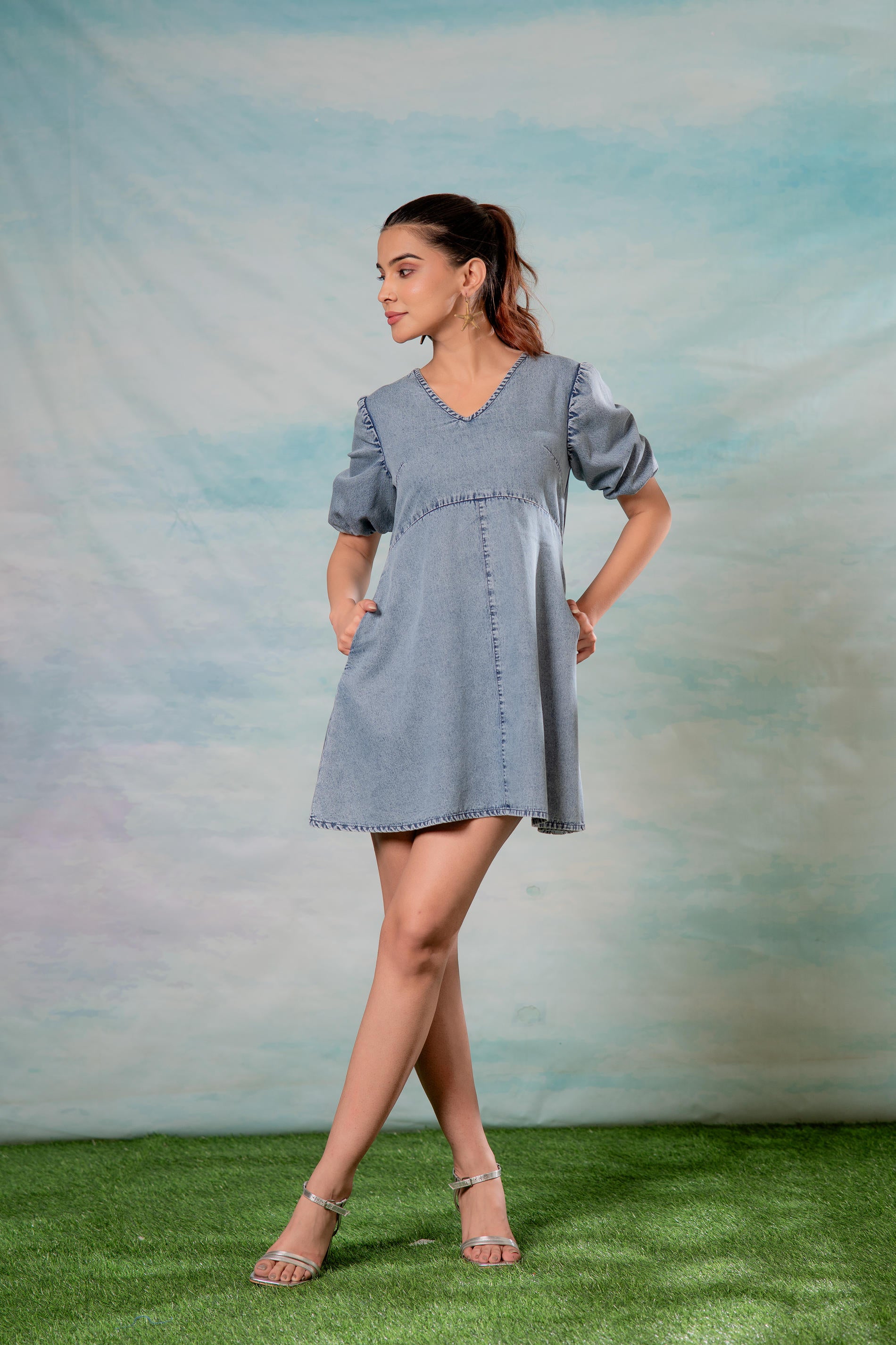 Lamora Light Blue Denim A-Line Mini Dress with Puff Sleeves