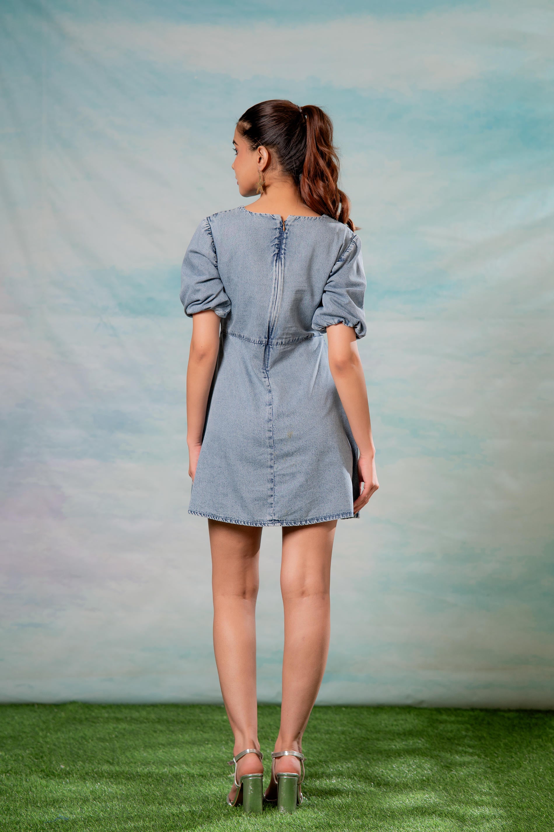 Lamora Light Blue Denim A-Line Mini Dress with Puff Sleeves