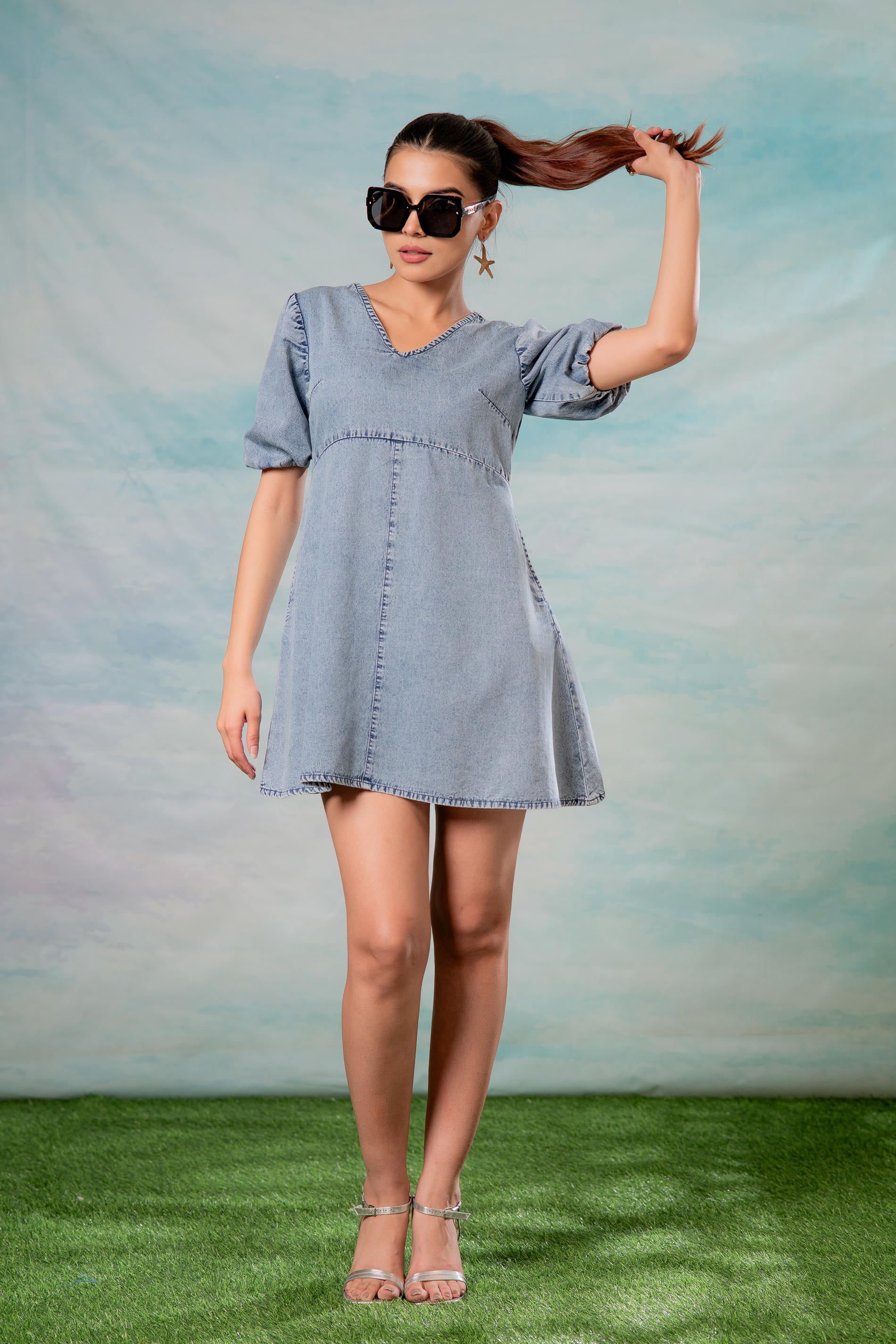 Lamora Light Blue Denim A-Line Mini Dress with Puff Sleeves