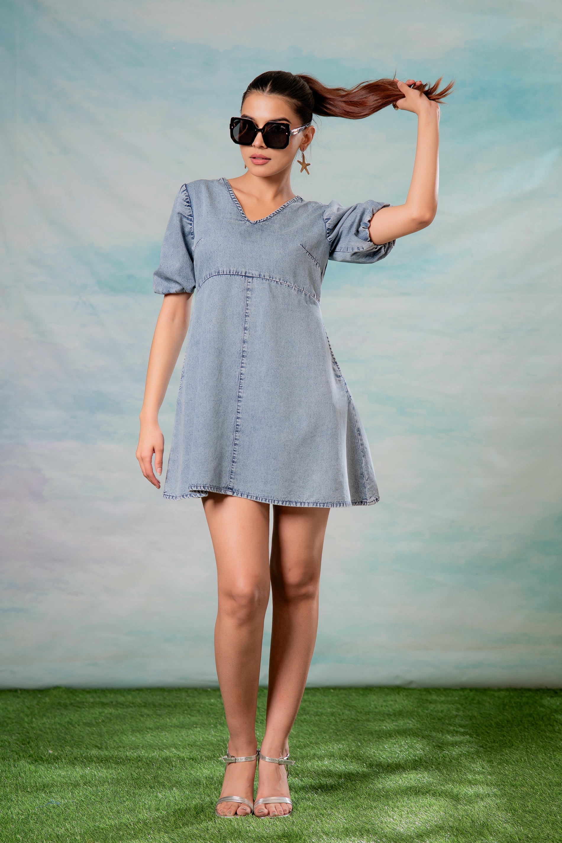 Lamora Light Blue Denim A-Line Mini Dress with Puff Sleeves