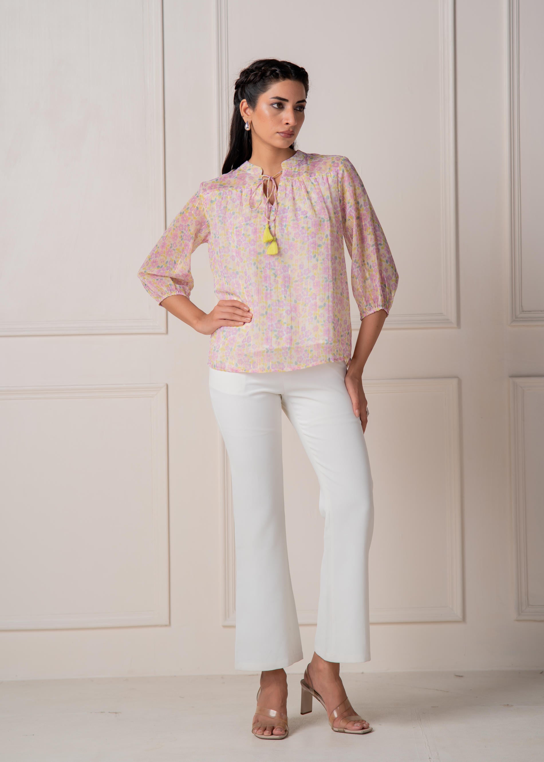 Lamora Pastel Floral Tie-Neck Peasant Top with Tassels