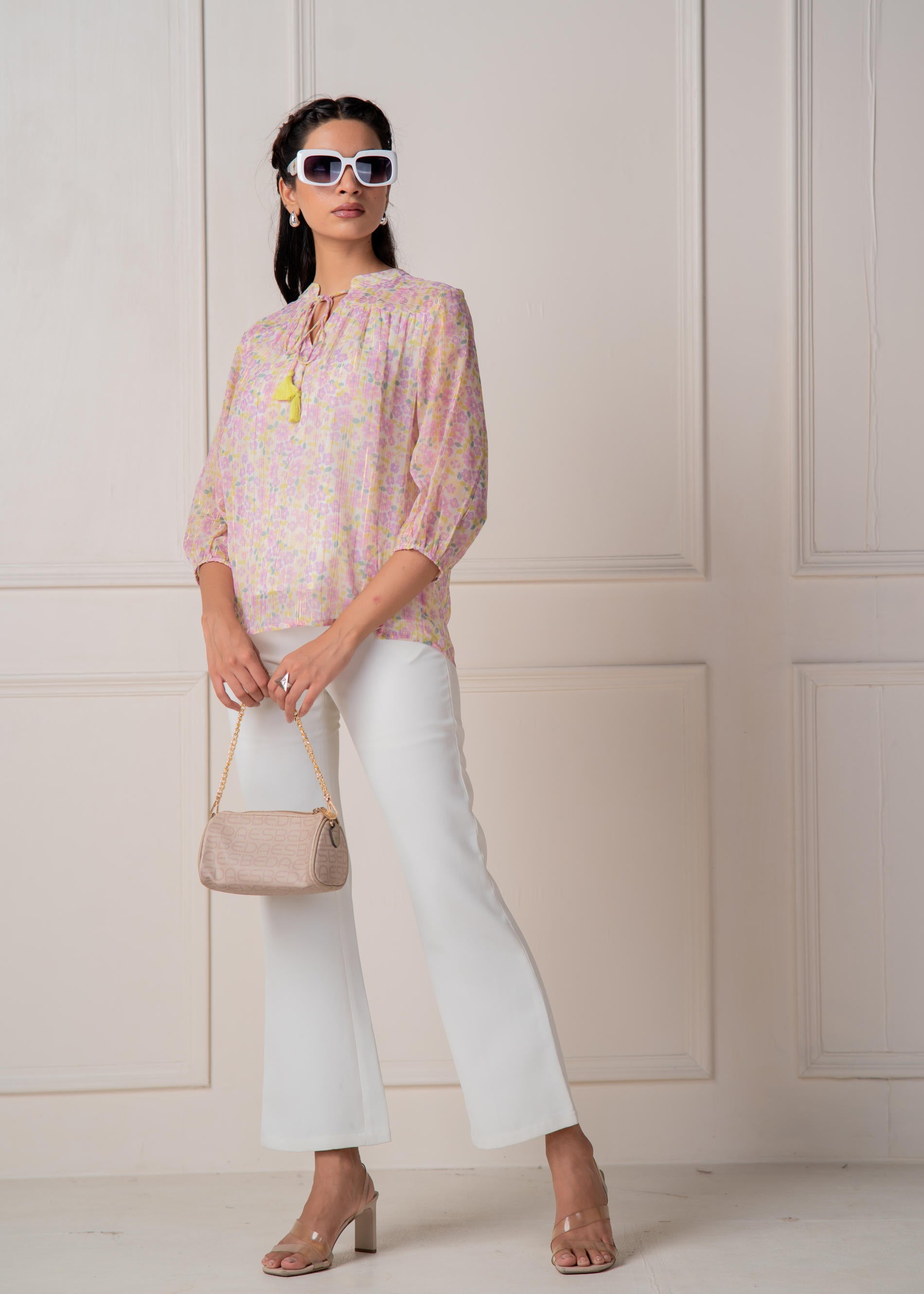 Lamora Pastel Floral Tie-Neck Peasant Top with Tassels