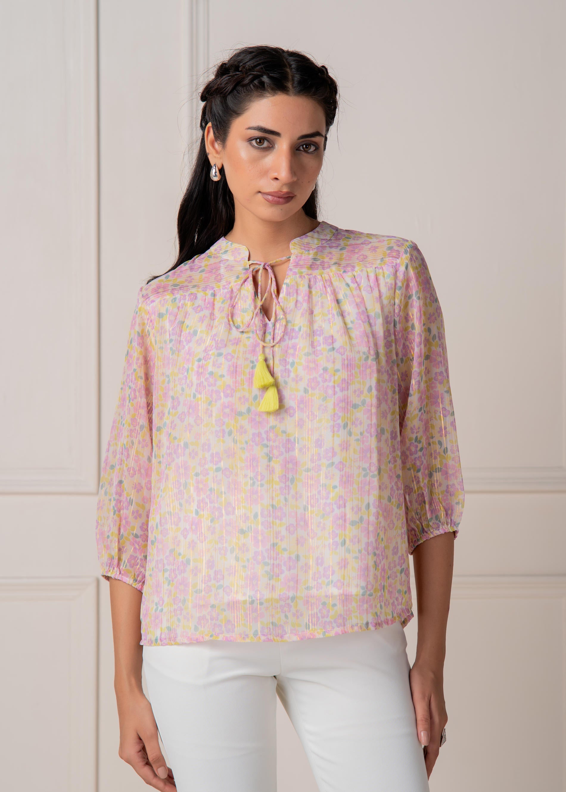 Lamora Pastel Floral Tie-Neck Peasant Top with Tassels
