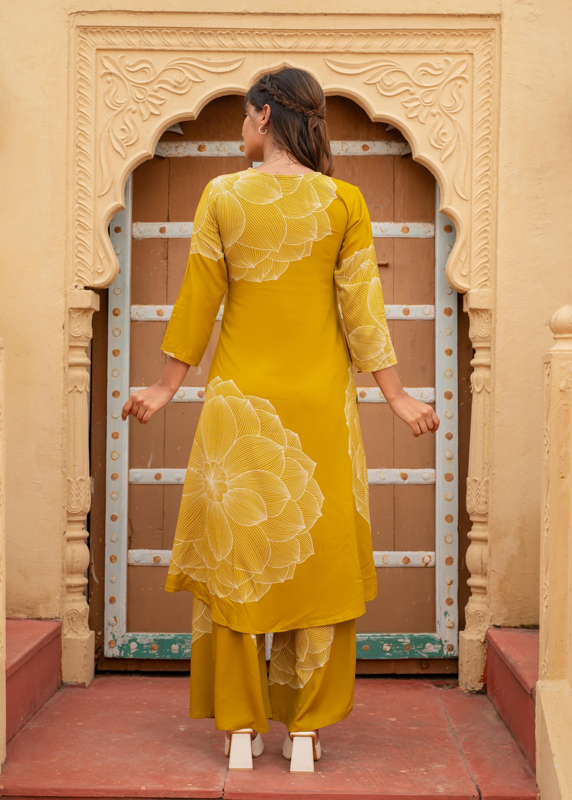 Women's Mustard Floral Print Viscose Kurta & Pant Set with Sequin and Bead Work