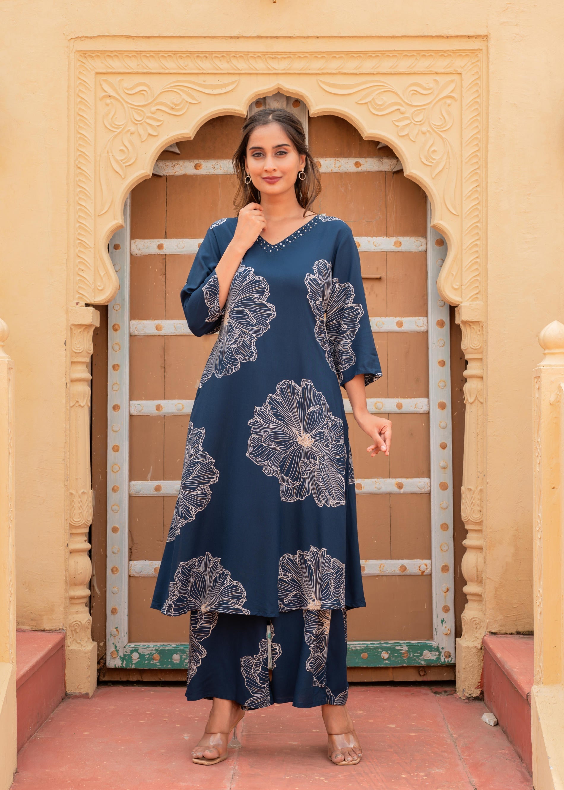 Women's Navy Floral Print Viscose Kurta & Pant Set with Sequin and Bead Work