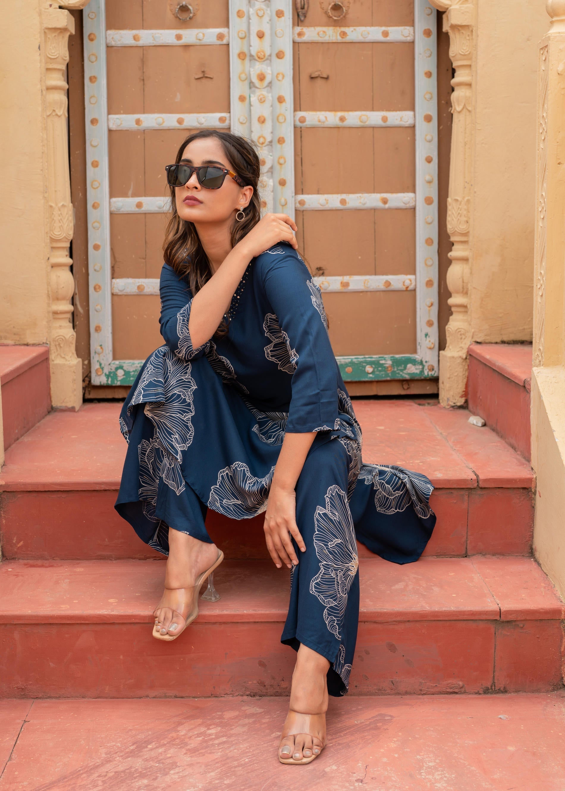 Women's Navy Floral Print Viscose Kurta & Pant Set with Sequin and Bead Work