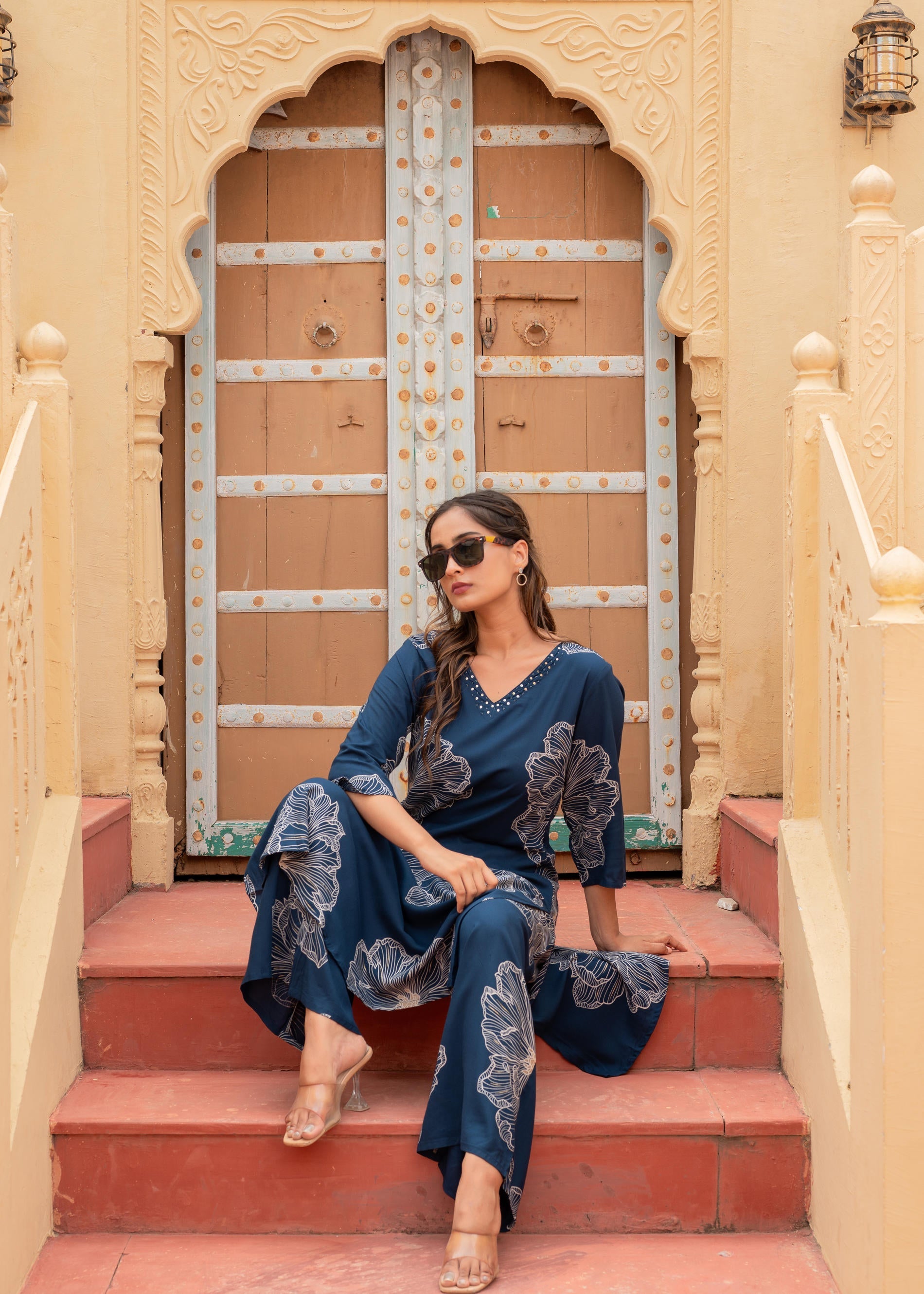 Women's Navy Floral Print Viscose Kurta & Pant Set with Sequin and Bead Work