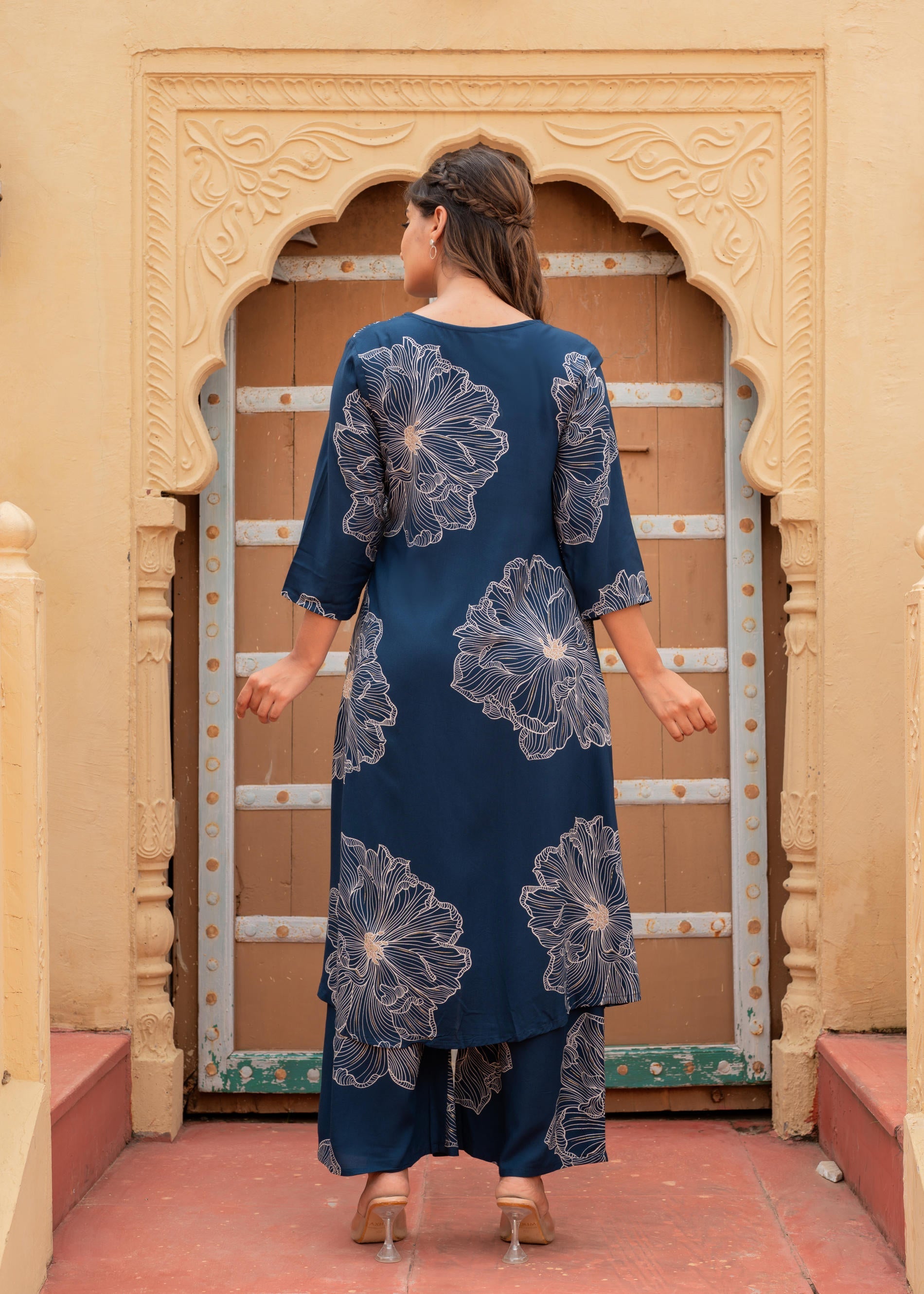Women's Navy Floral Print Viscose Kurta & Pant Set with Sequin and Bead Work