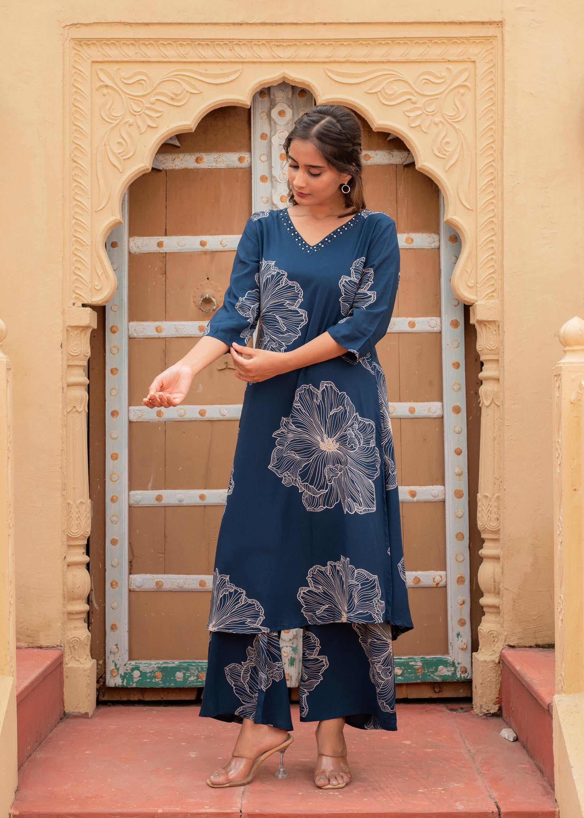 Women's Navy Floral Print Viscose Kurta & Pant Set with Sequin and Bead Work