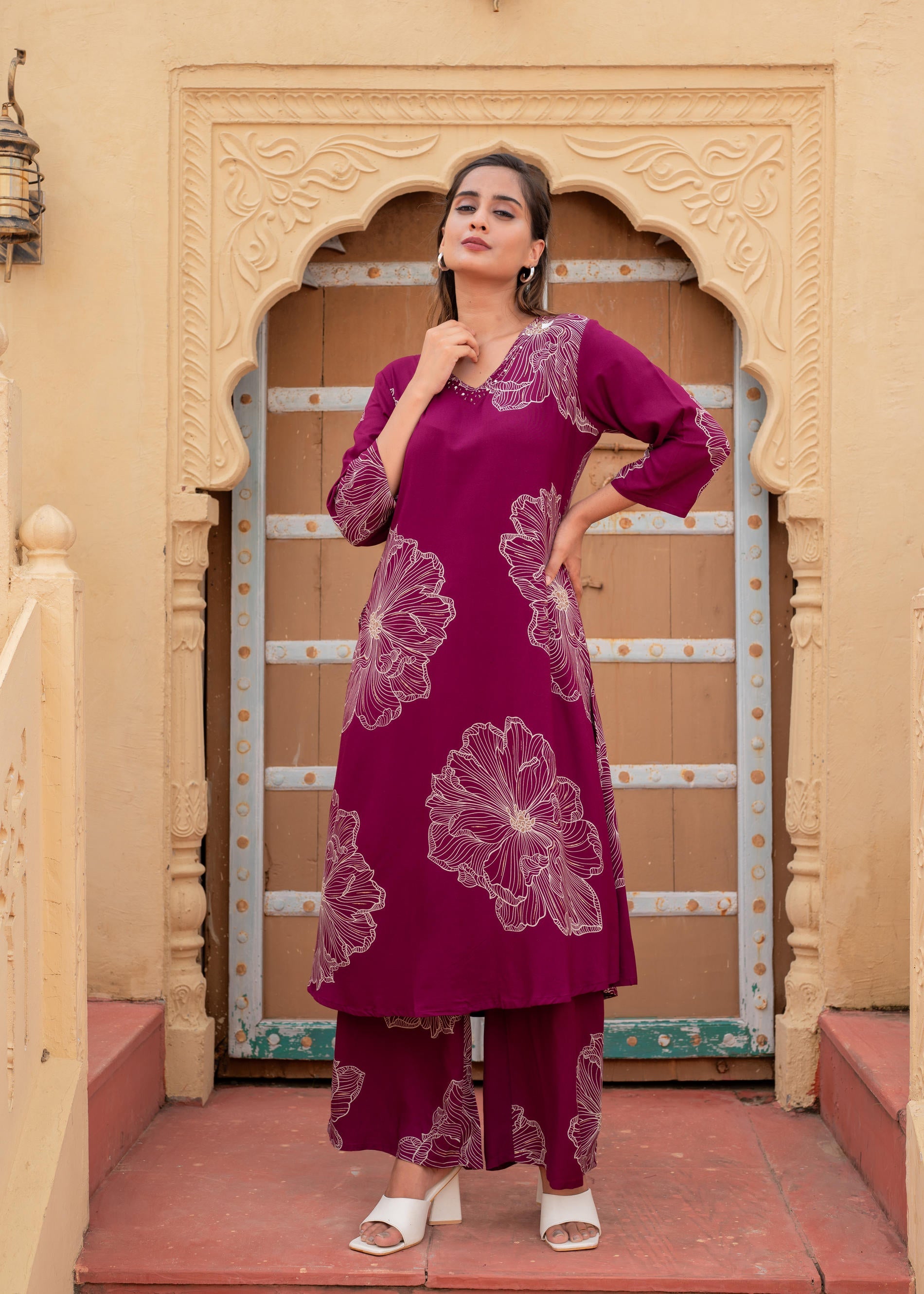 Women's Wine Floral Print Viscose Kurta & Pant Set with Sequin and Bead Work