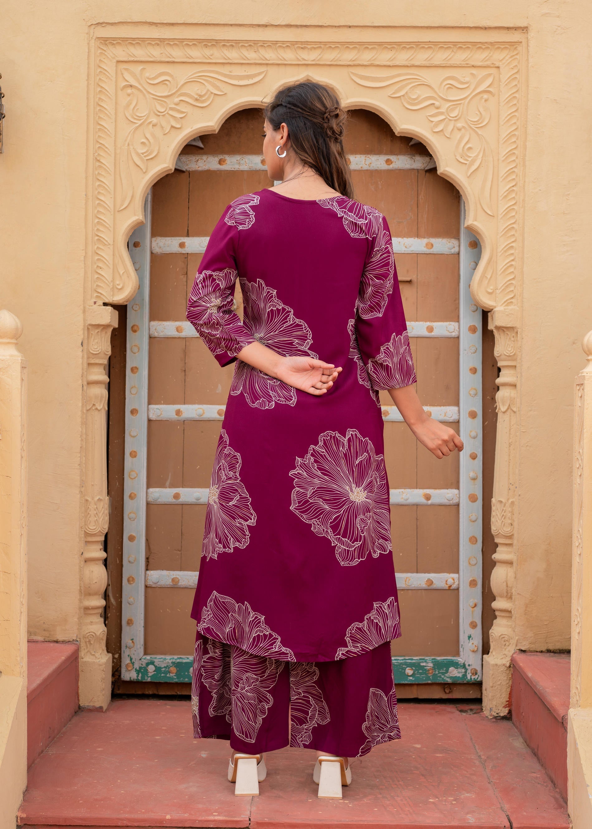 Women's Wine Floral Print Viscose Kurta & Pant Set with Sequin and Bead Work