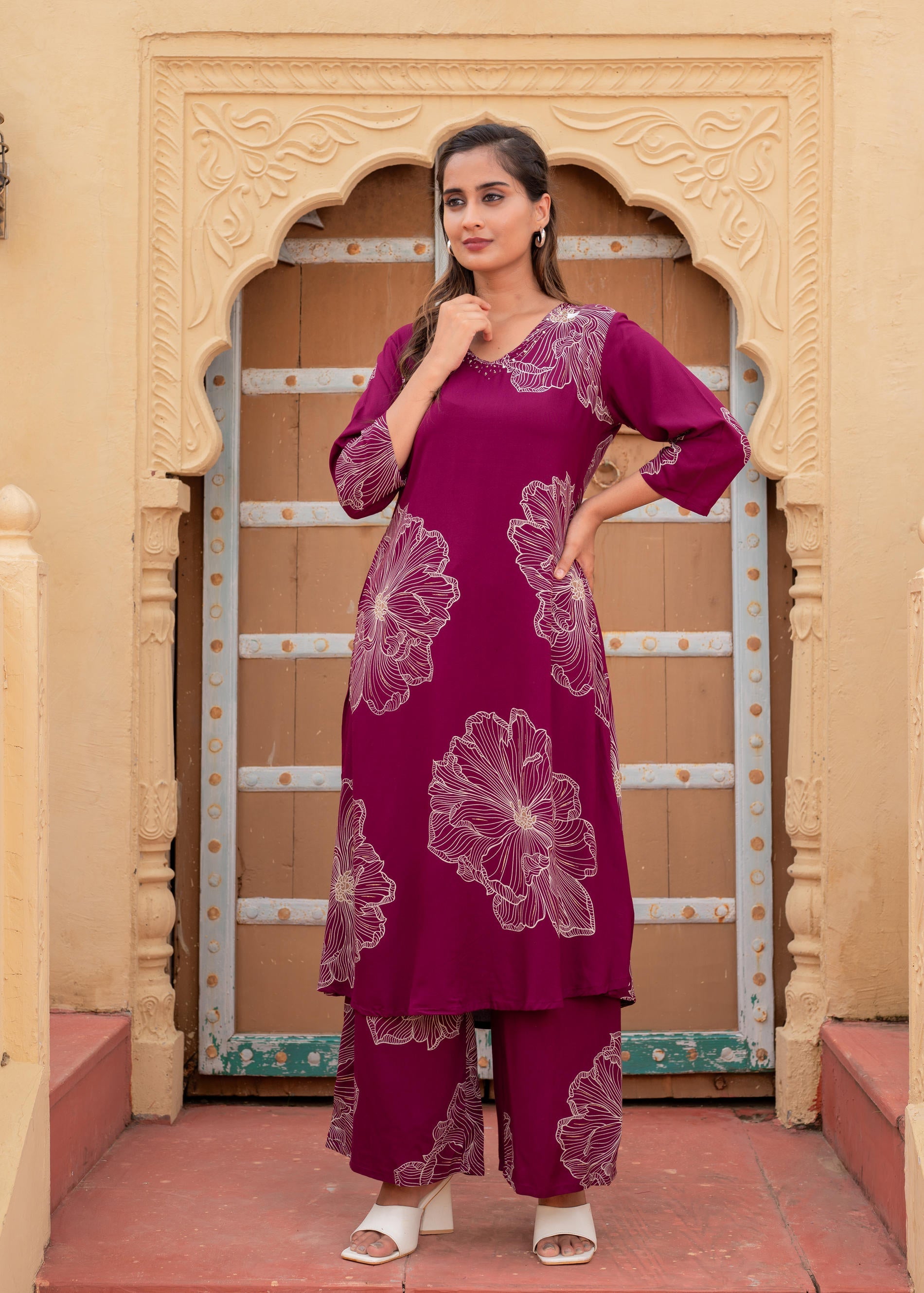 Women's Wine Floral Print Viscose Kurta & Pant Set with Sequin and Bead Work