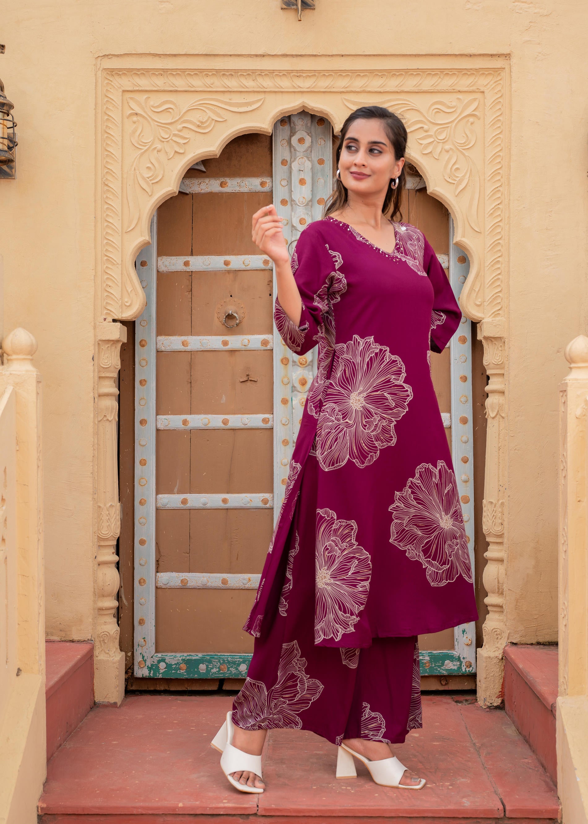 Women's Wine Floral Print Viscose Kurta & Pant Set with Sequin and Bead Work