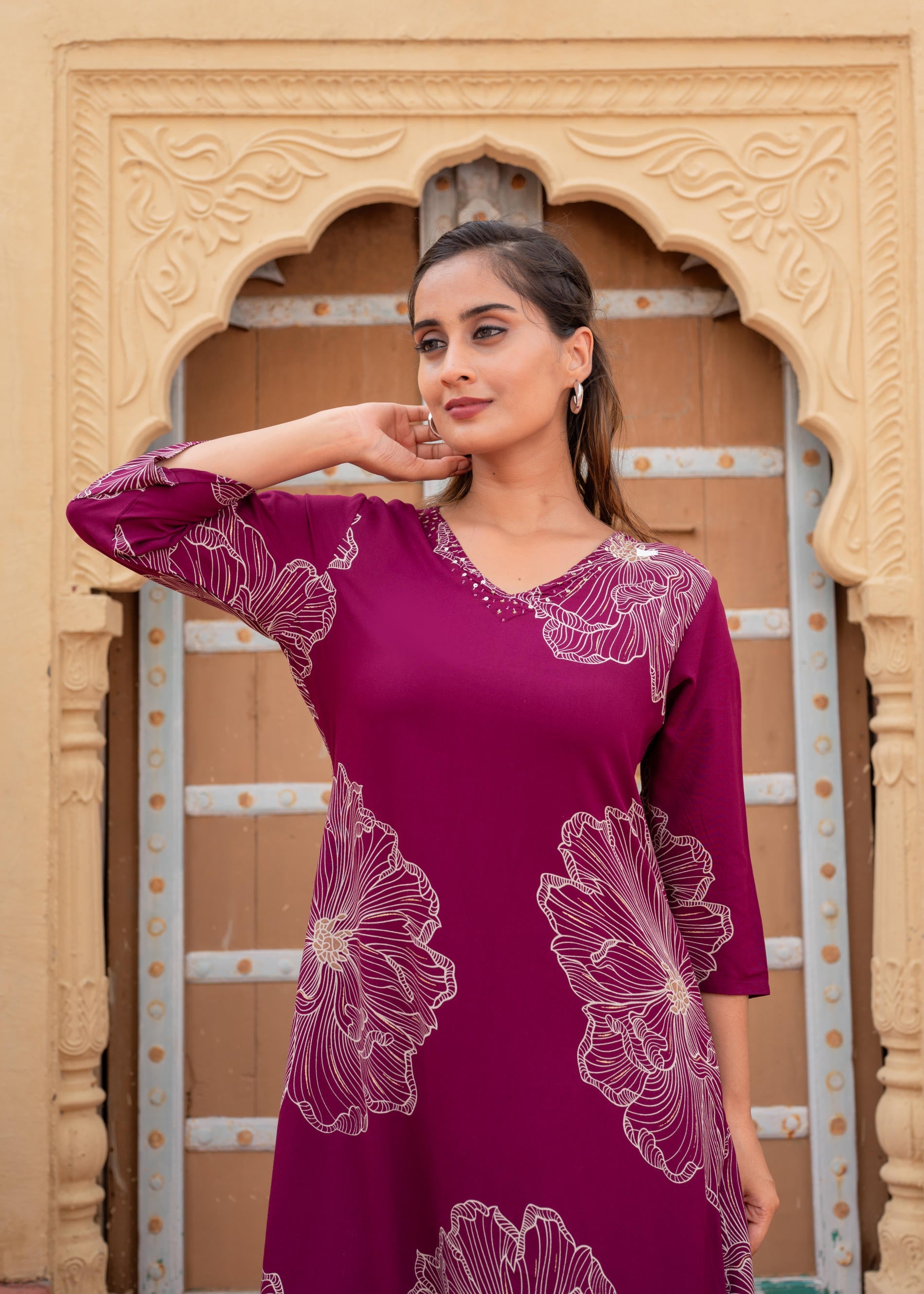 Women's Wine Viscose Kurta With Pant