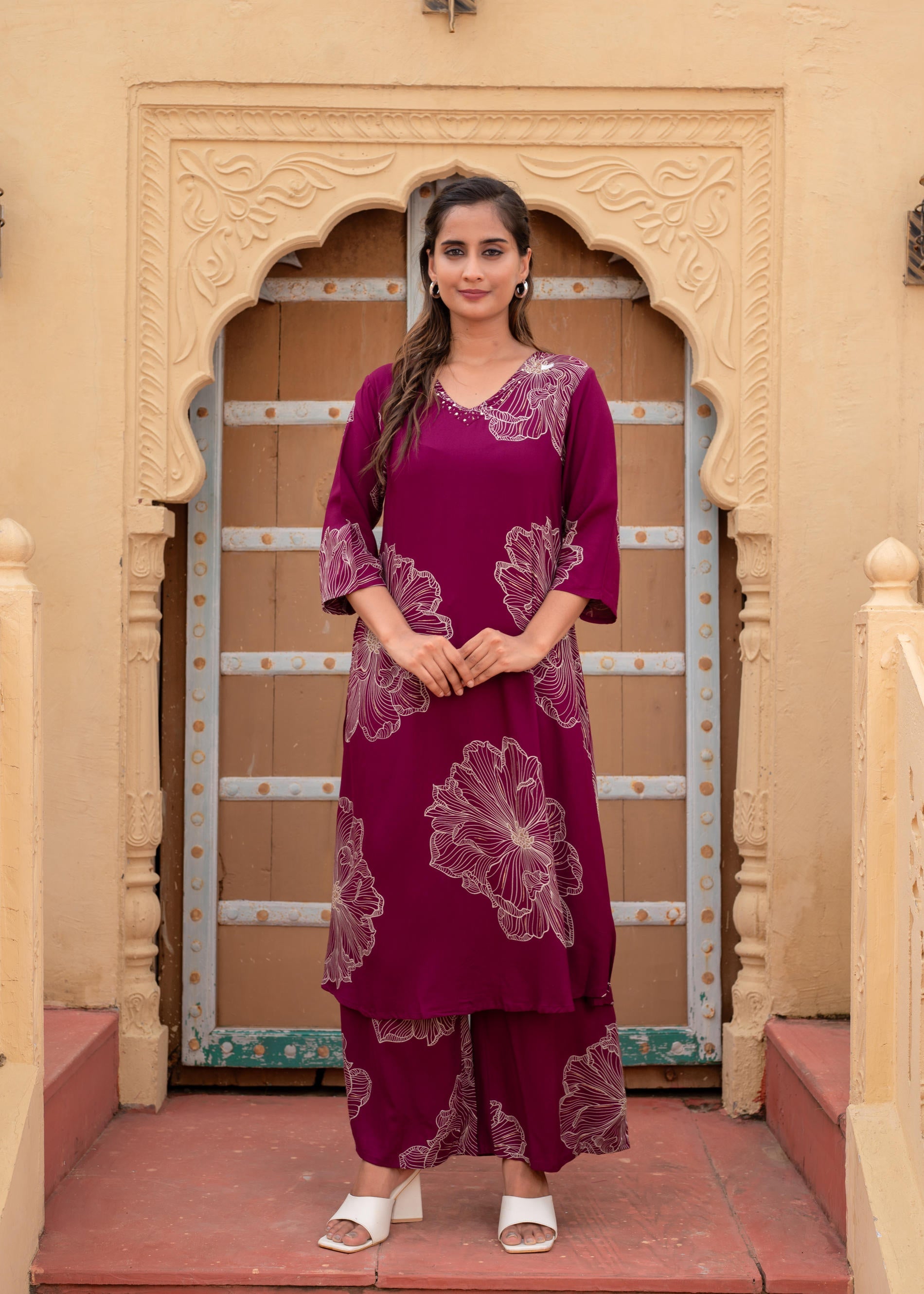 Women's Wine Viscose Kurta With Pant