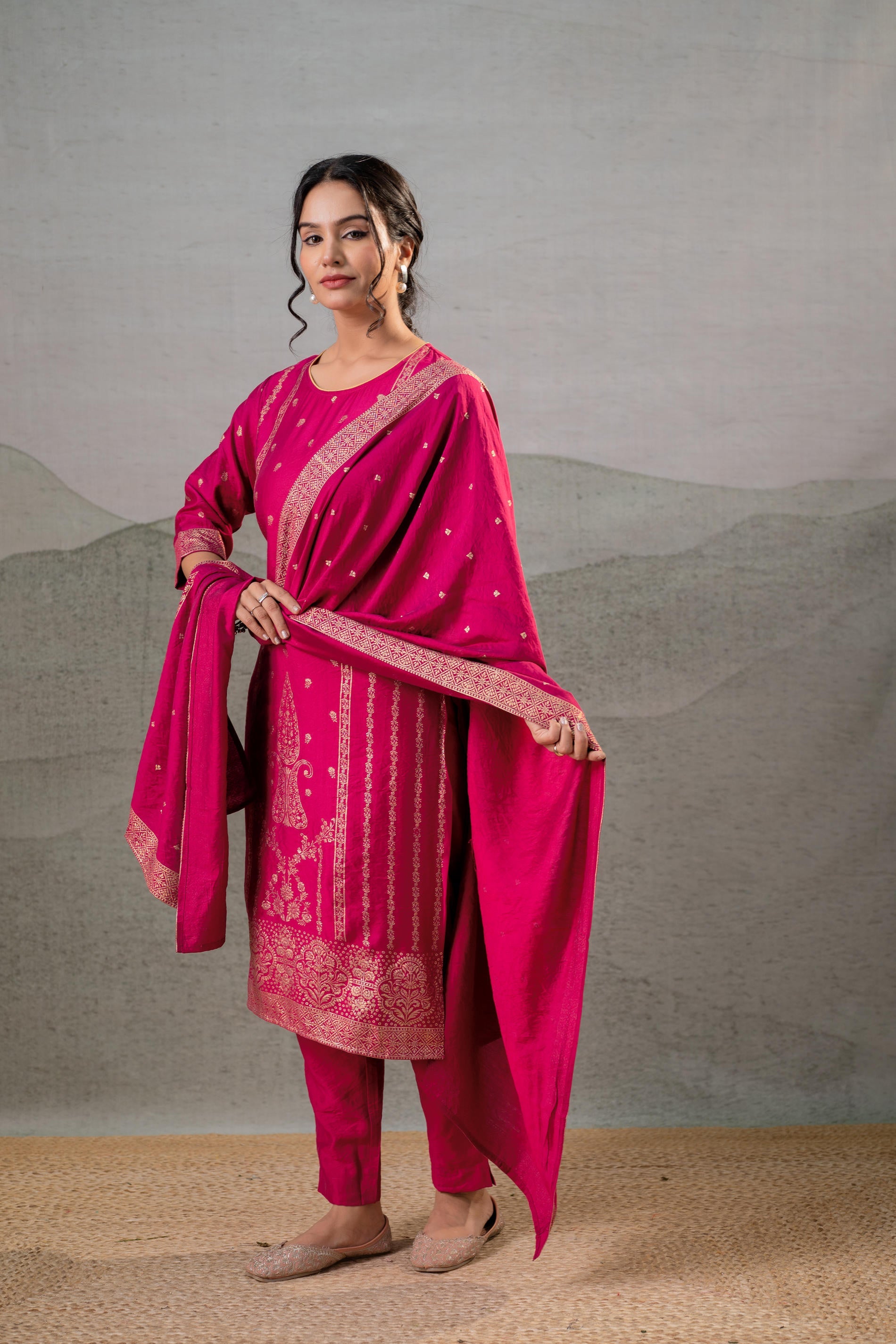 Fuchsia, Foil-Print Straight Kurta Set with Pant & Ornate Dupatta