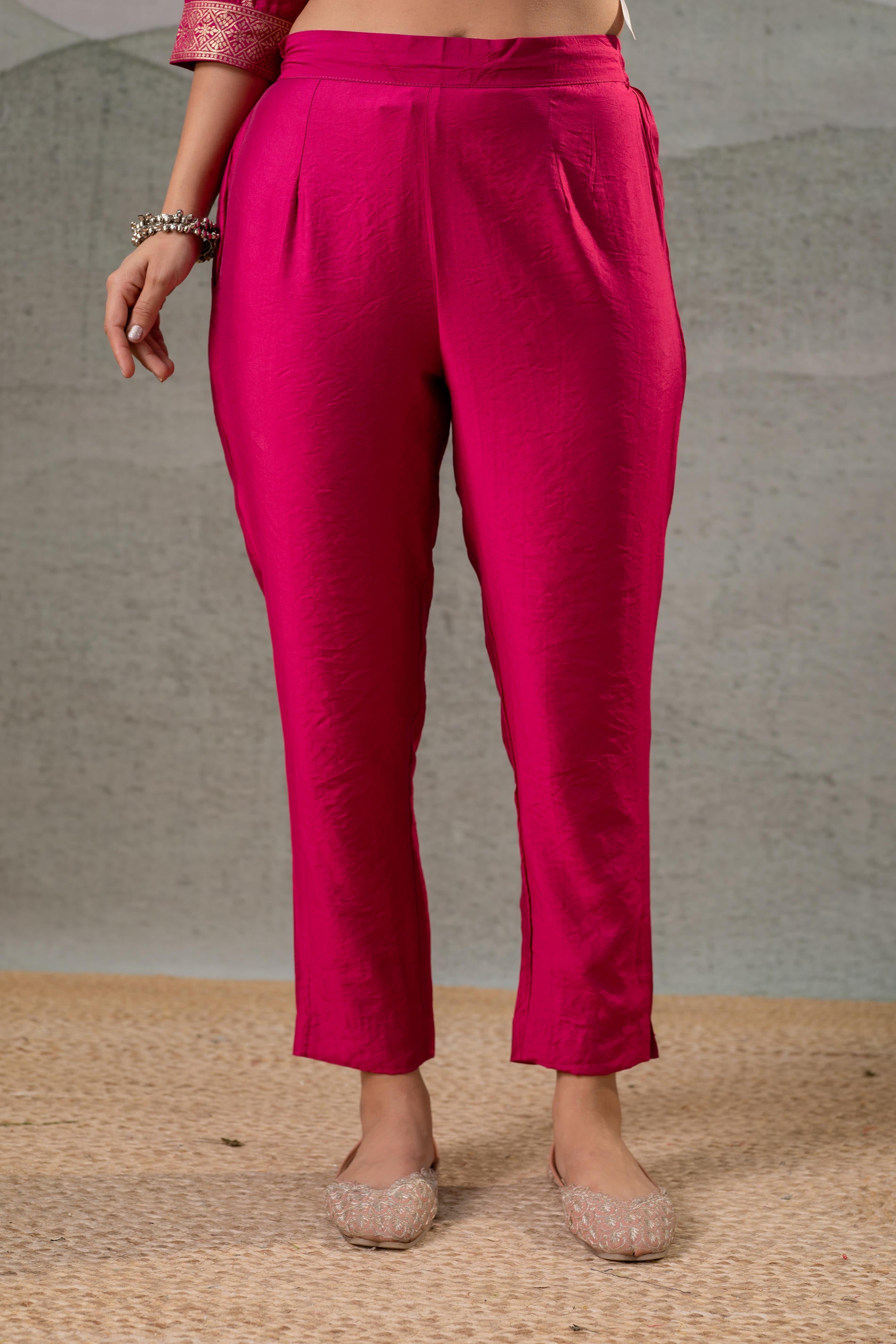 Fuchsia, Foil-Print Straight Kurta Set with Pant & Ornate Dupatta