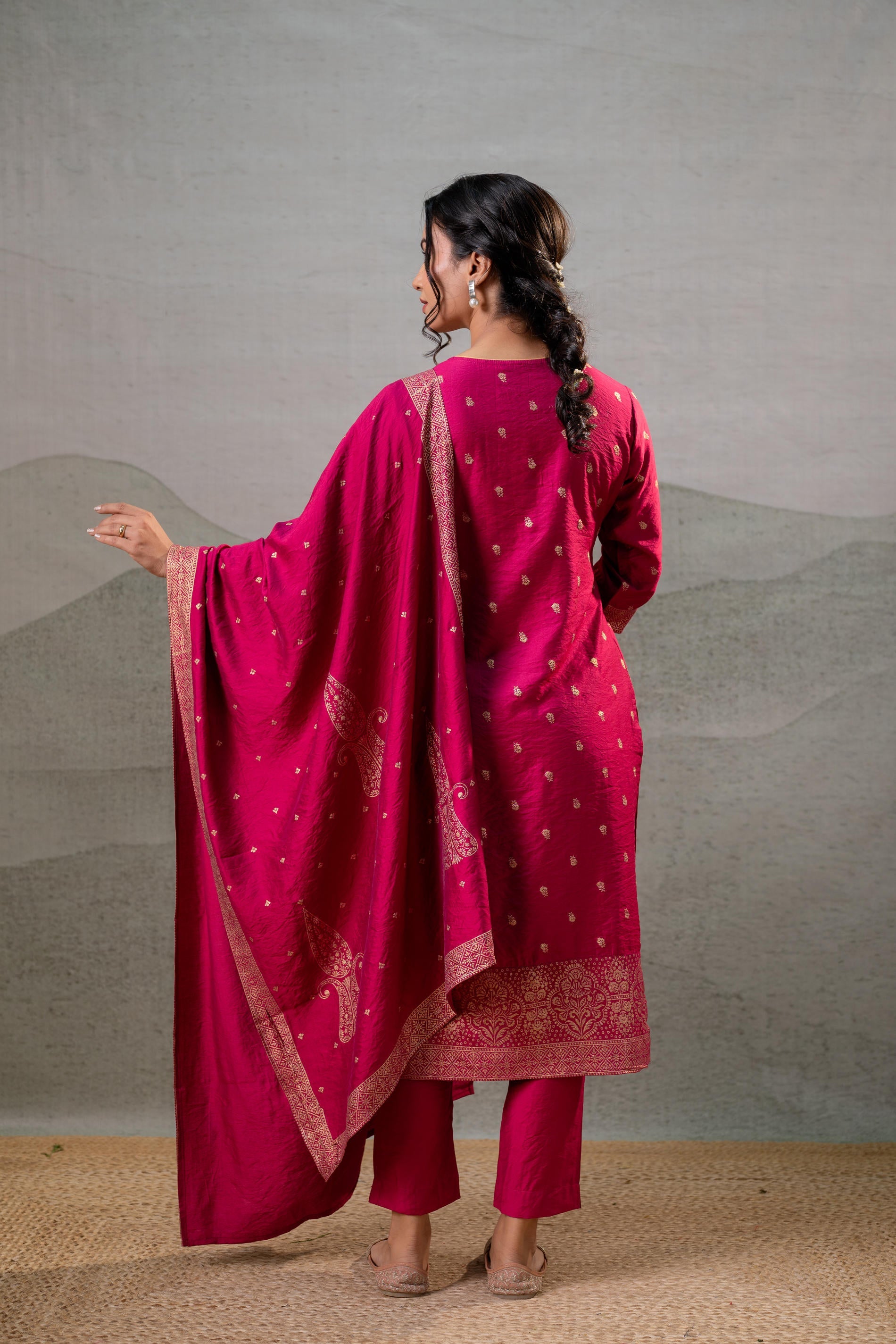 Fuchsia, Foil-Print Straight Kurta Set with Pant & Ornate Dupatta