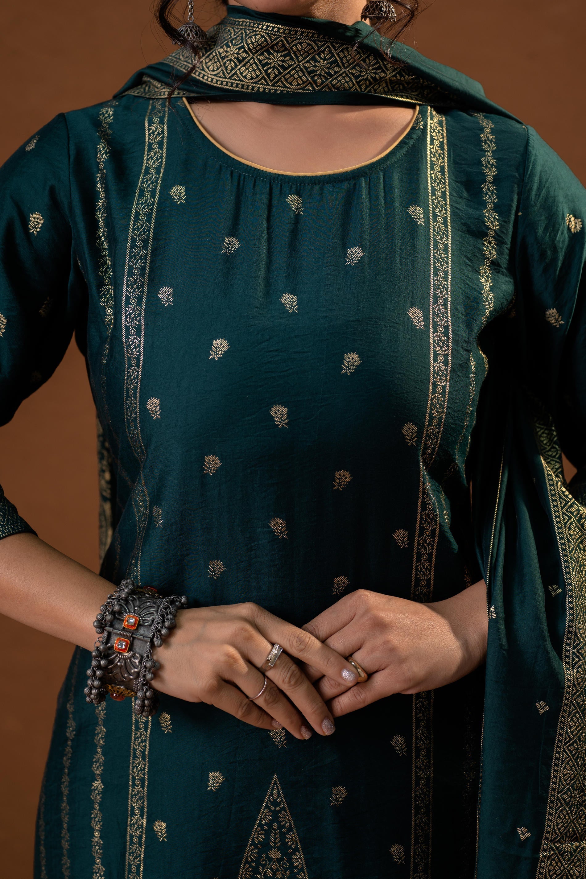 Green, Foil-Print Straight Kurta Set with Pant & Ornate Dupatta