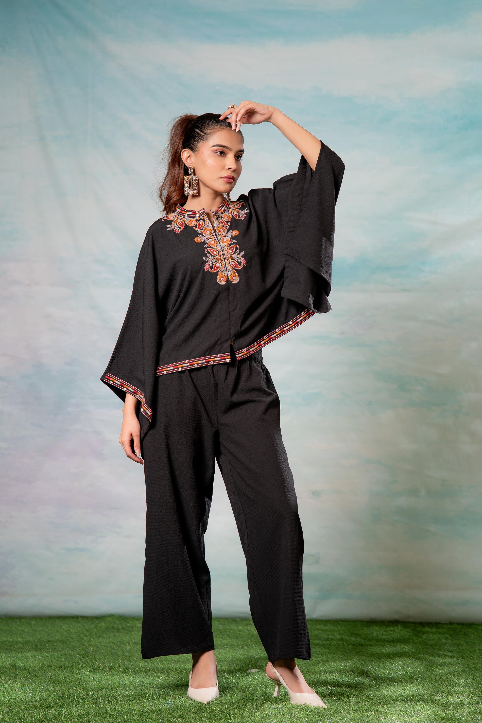 Black Embroidered Cape Tunic with Matching Palazzo Pants