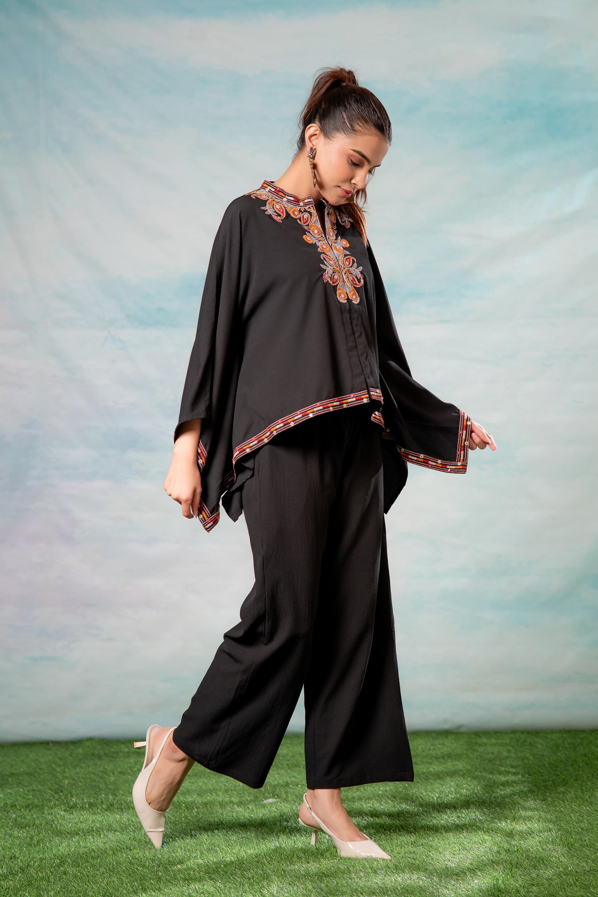 Black Embroidered Cape Tunic with Matching Palazzo Pants
