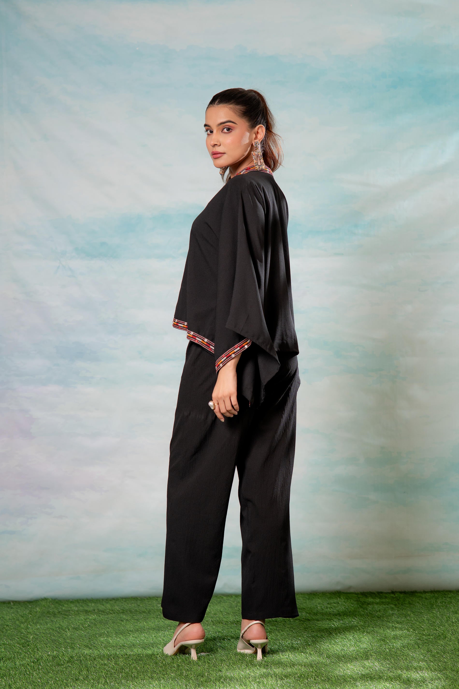 Black Embroidered Cape Tunic with Matching Palazzo Pants