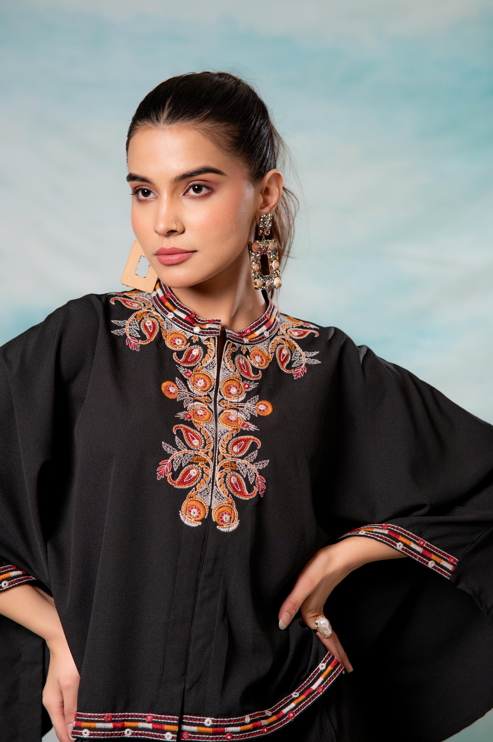 Black Embroidered Cape Tunic with Matching Palazzo Pants