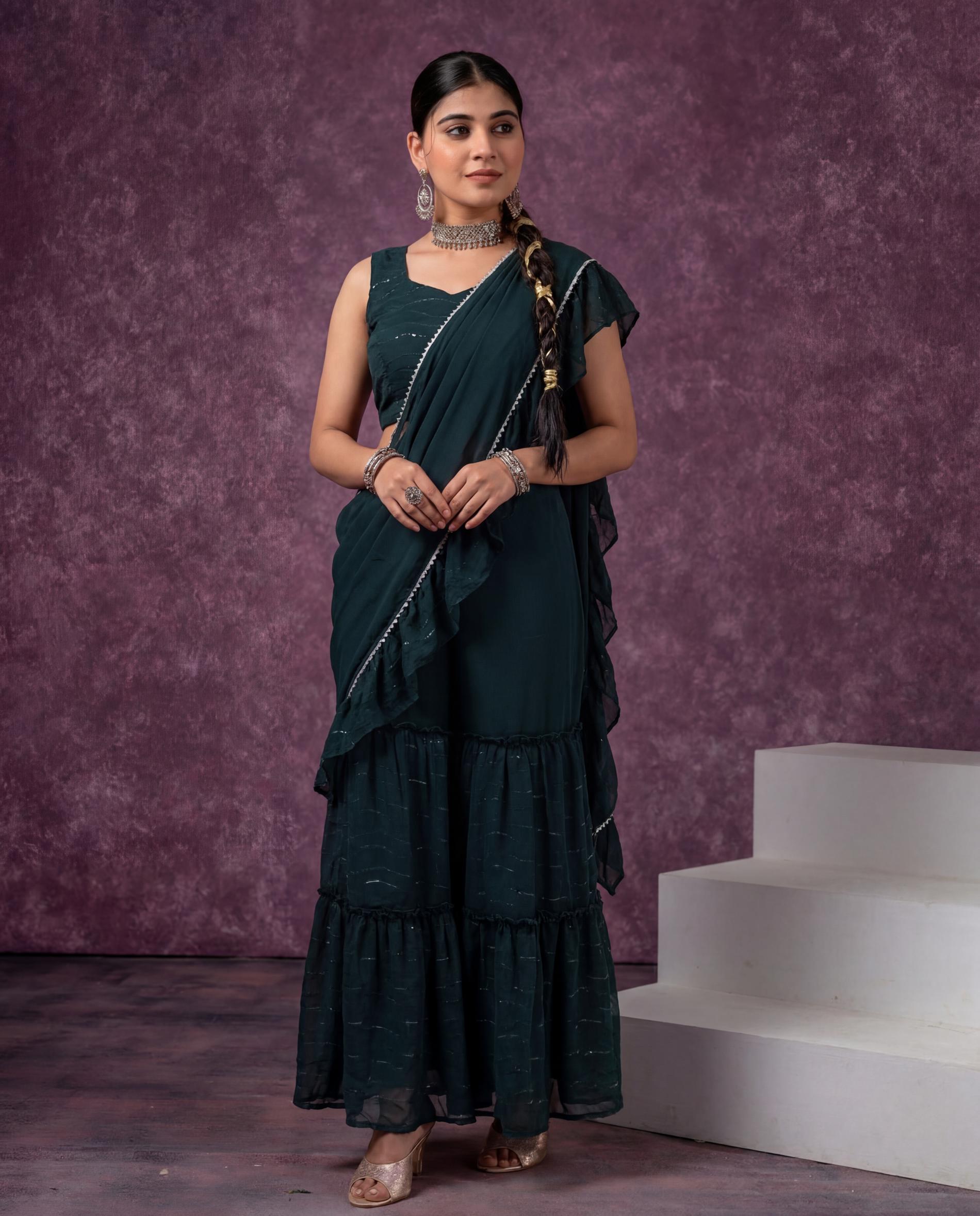 Green Pre-Draped Saree Co-ord Set with Striped Top and Sharara