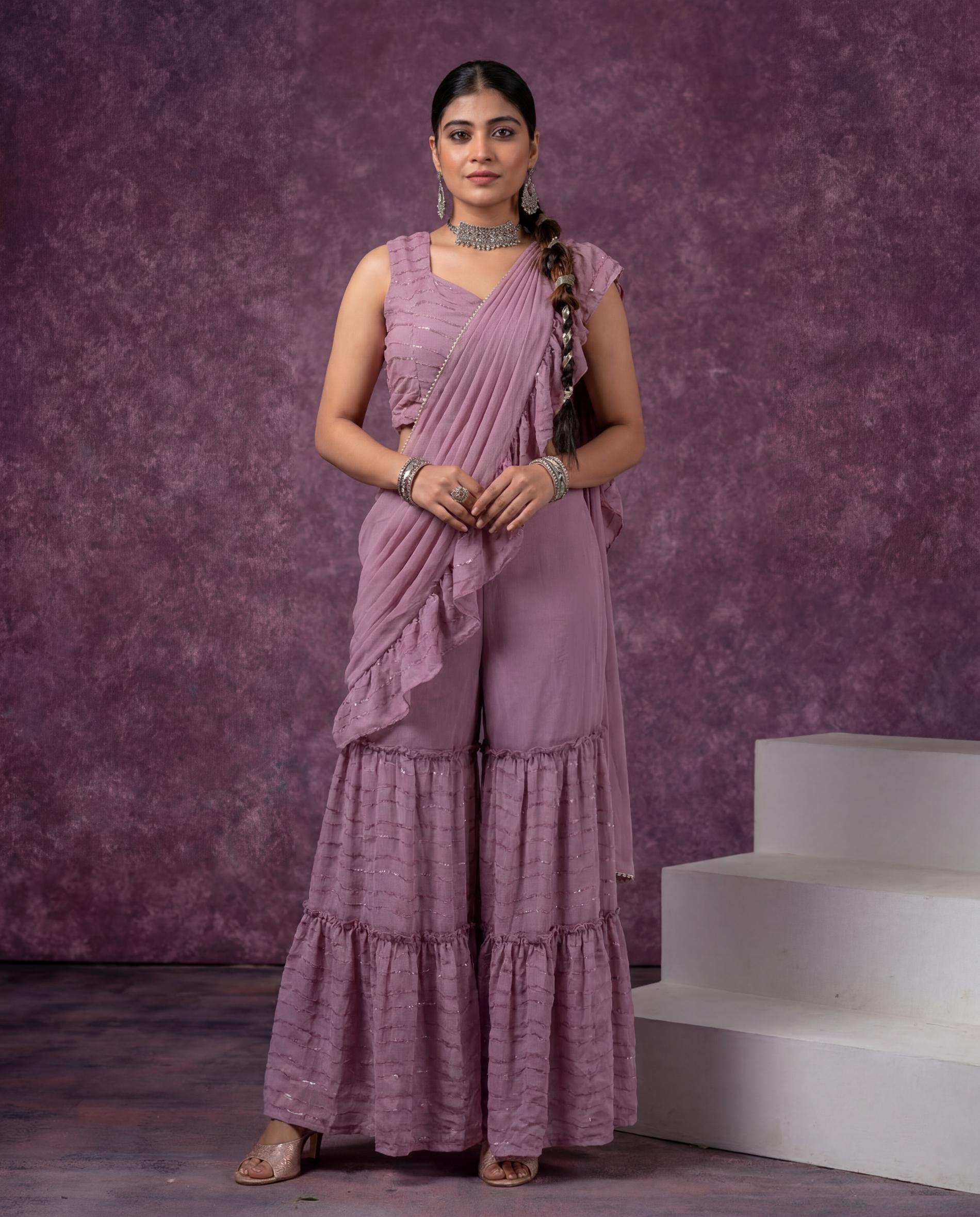 Onion Pink Pre-Draped Saree Co-ord Set with Striped Top and Sharara