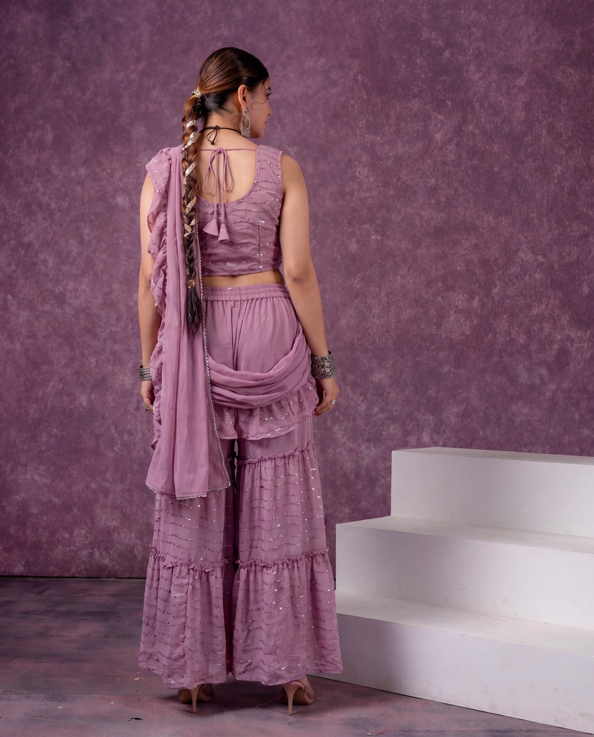 Onion Pink Pre-Draped Saree Co-ord Set with Striped Top and Sharara