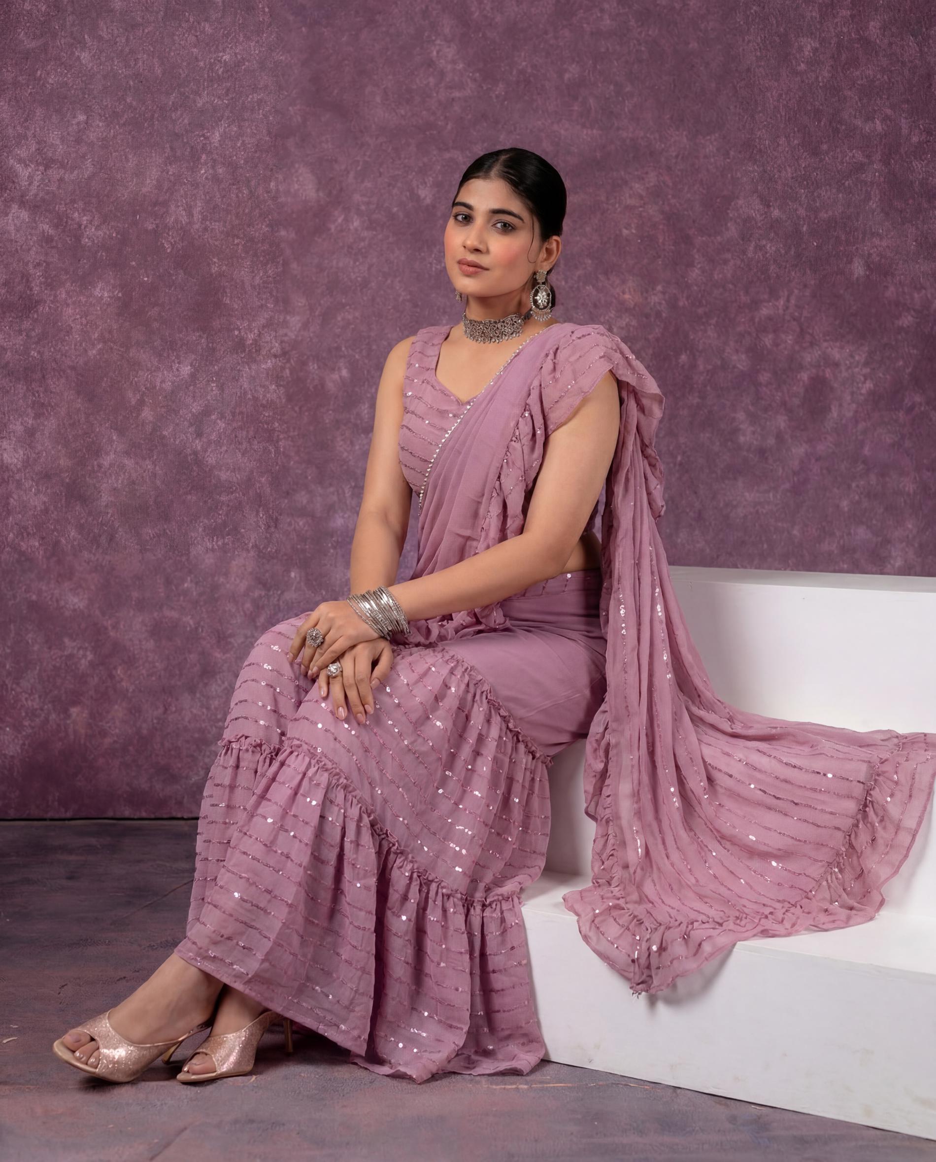 Onion Pink Pre-Draped Saree Co-ord Set with Striped Top and Sharara