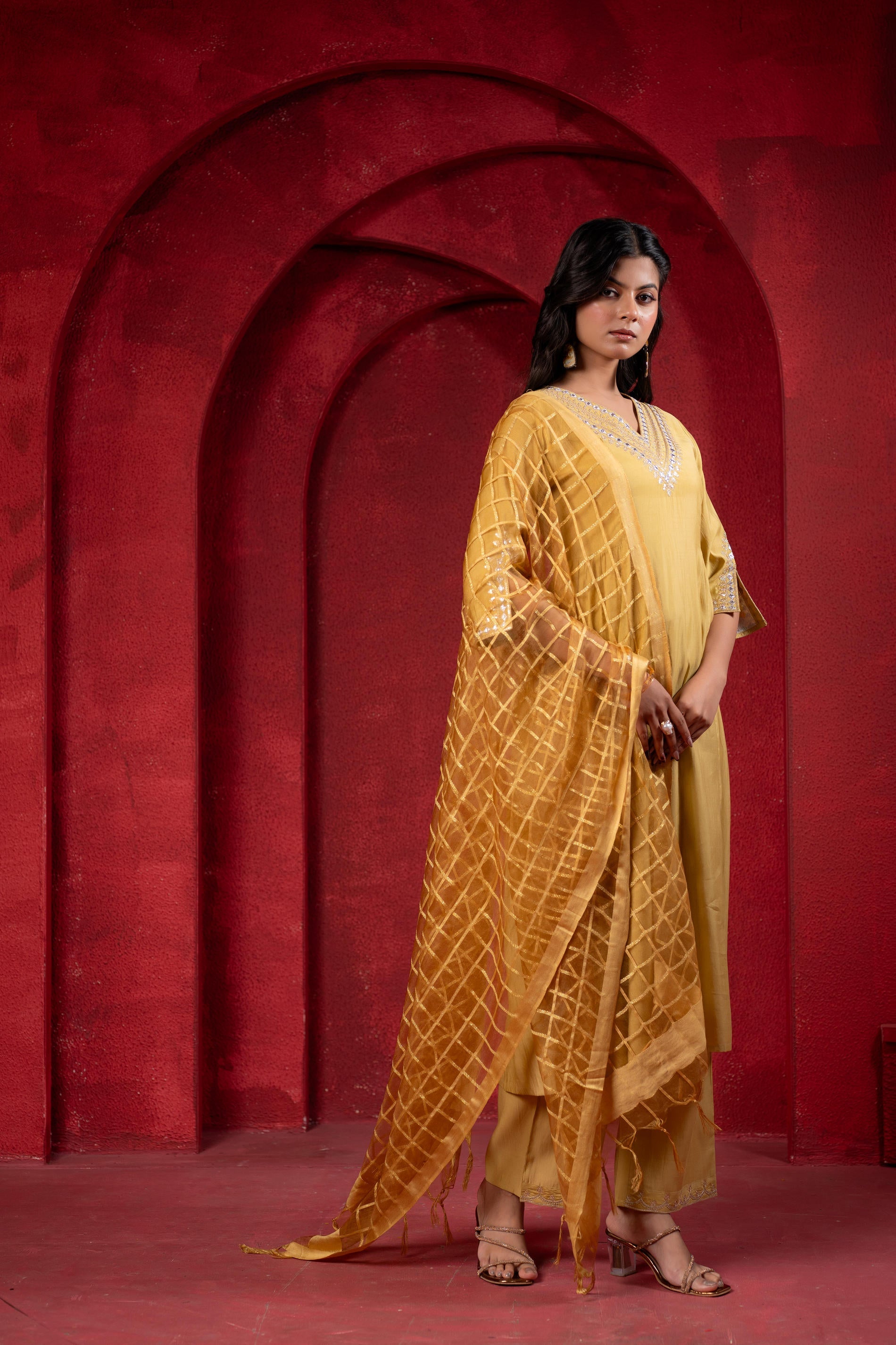 Mustard Elegance Chanderi Kurta Set with Geometric Dupatta