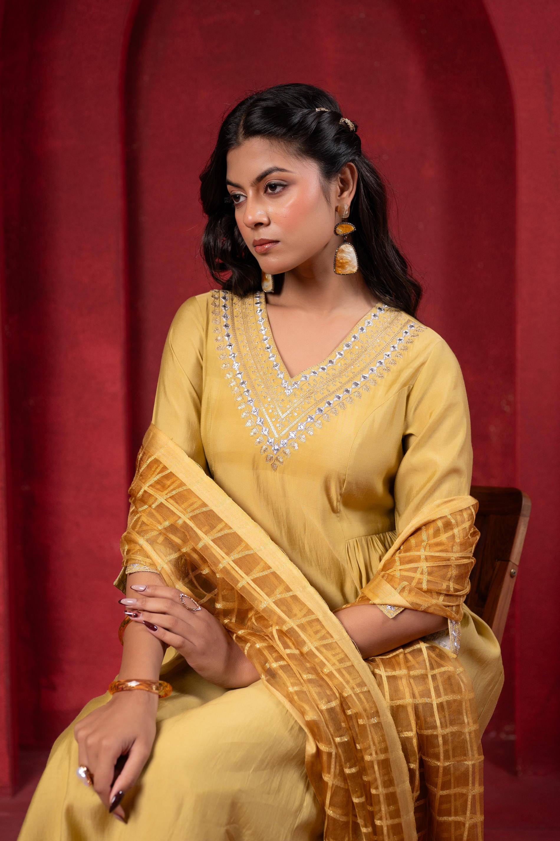 Mustard Elegance Chanderi Kurta Set with Geometric Dupatta