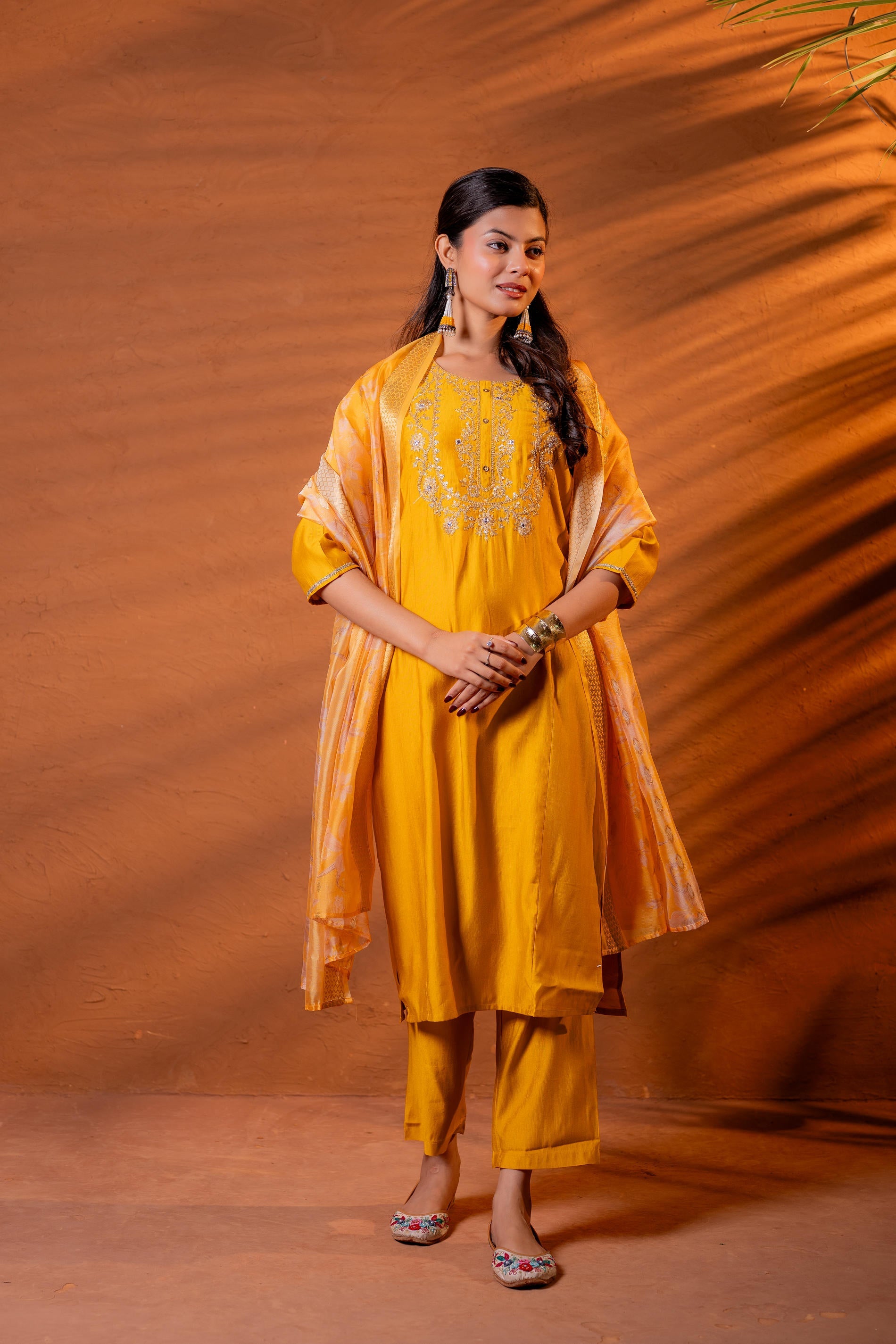 Mustard, Zari Embroidered Straight Kurta Set with Abstract Printed Dupatta