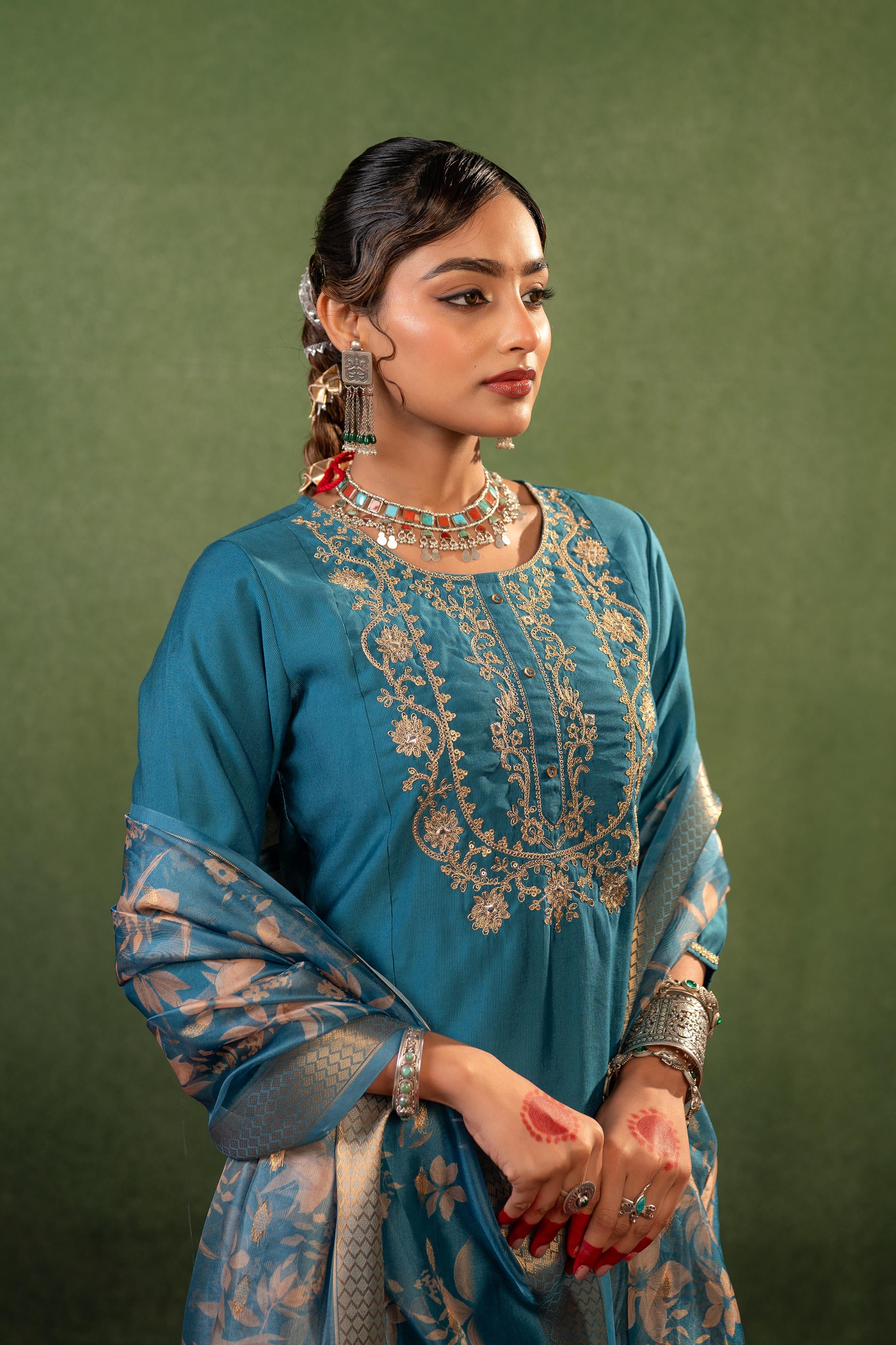 Teal, Embroidered Kurta Set with Jacquard Dupatta