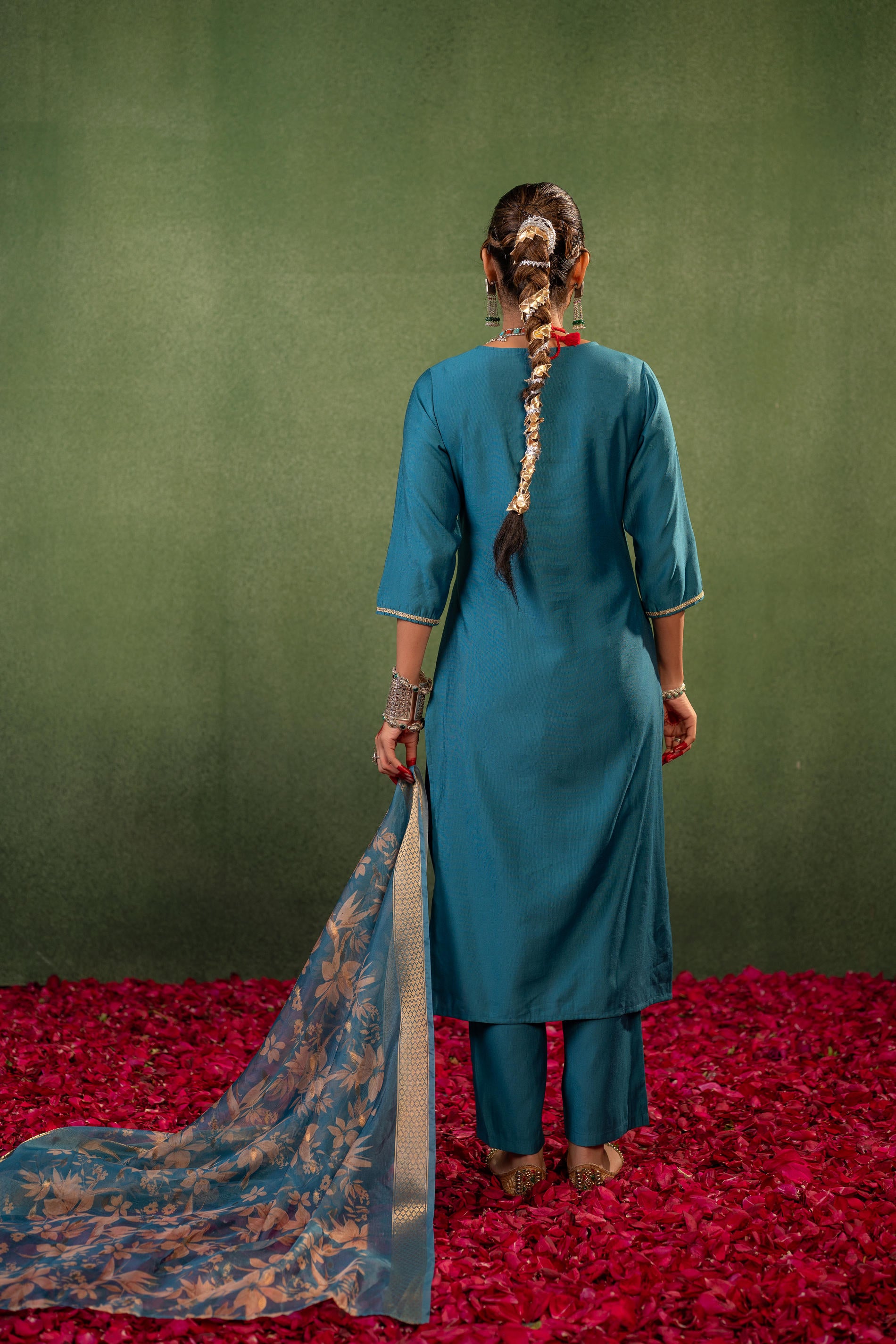 Teal, Embroidered Kurta Set with Jacquard Dupatta