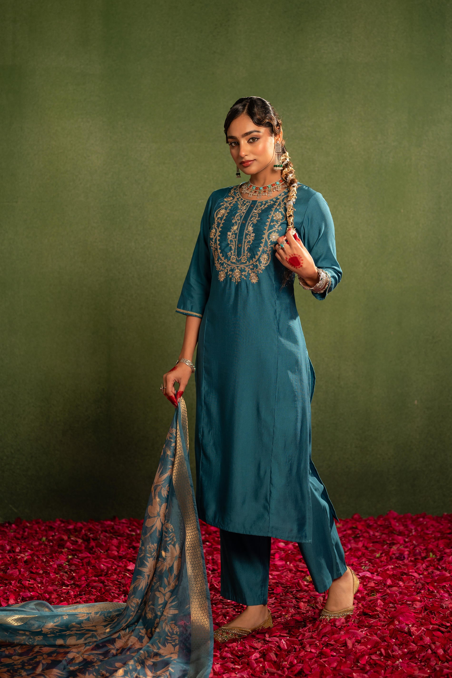 Teal, Embroidered Kurta Set with Jacquard Dupatta