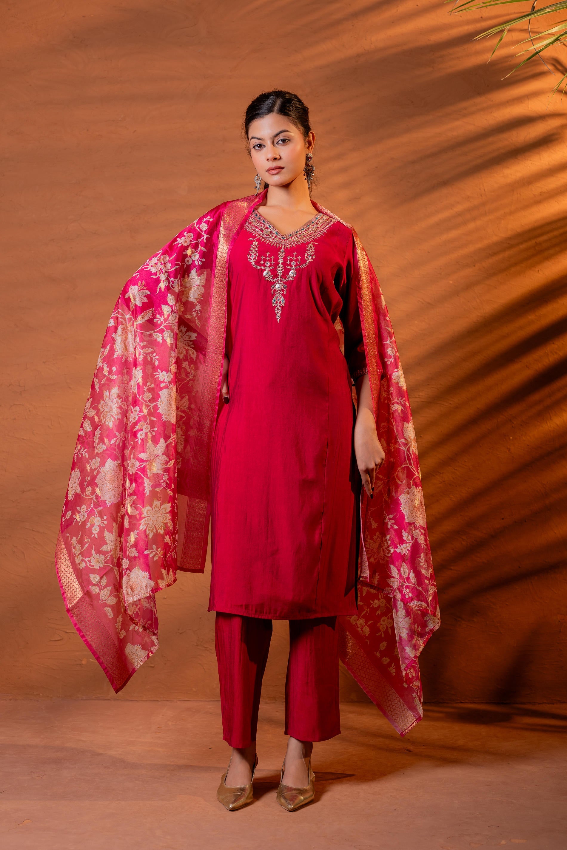 Fuchsia, Zari Embroidered Straight Kurta Set with Floral printed Dupatta
