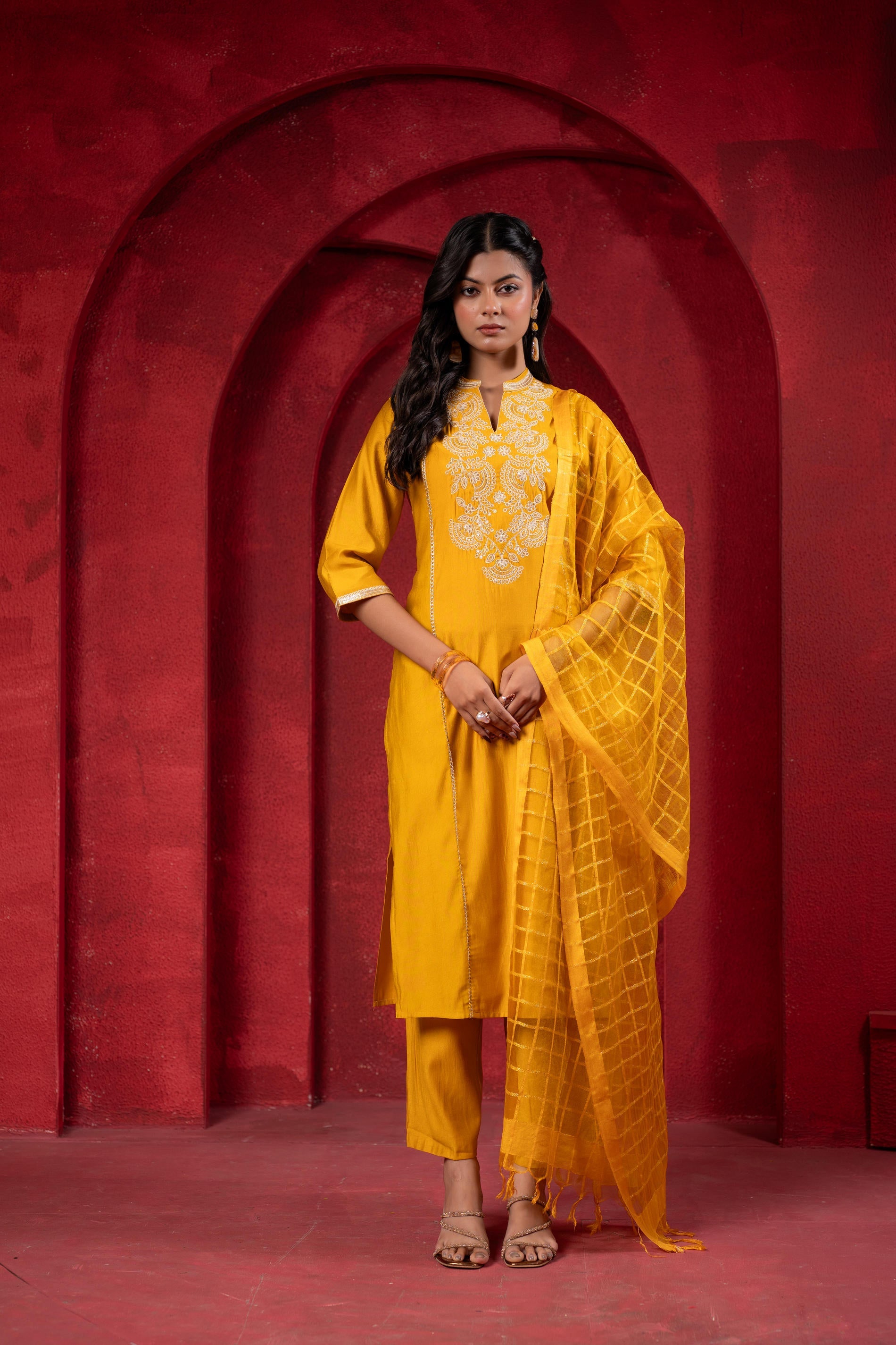 Sunlit Mustard Embroidered Kurta Set with Zari Checked Dupatta