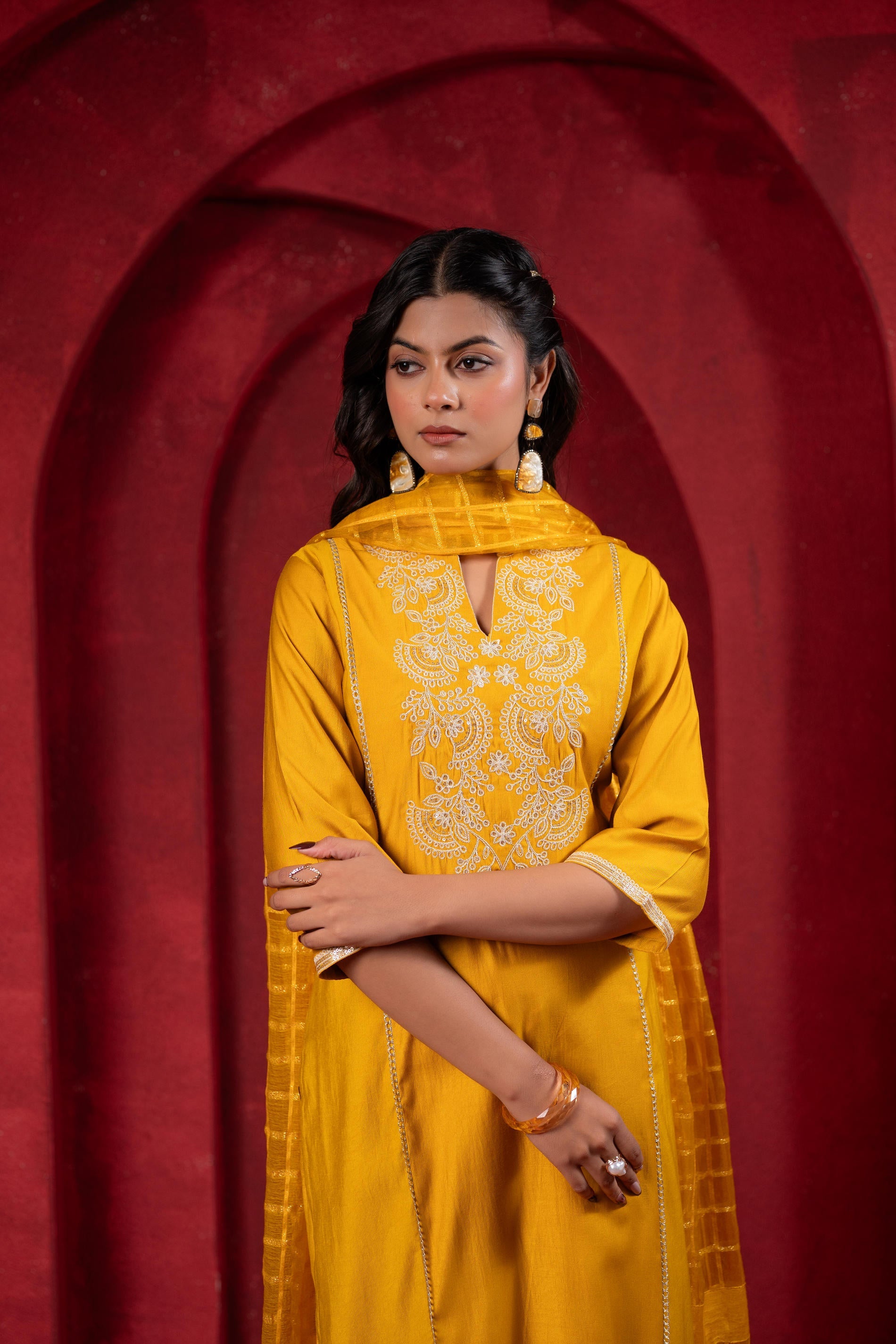 Sunlit Mustard Embroidered Kurta Set with Zari Checked Dupatta