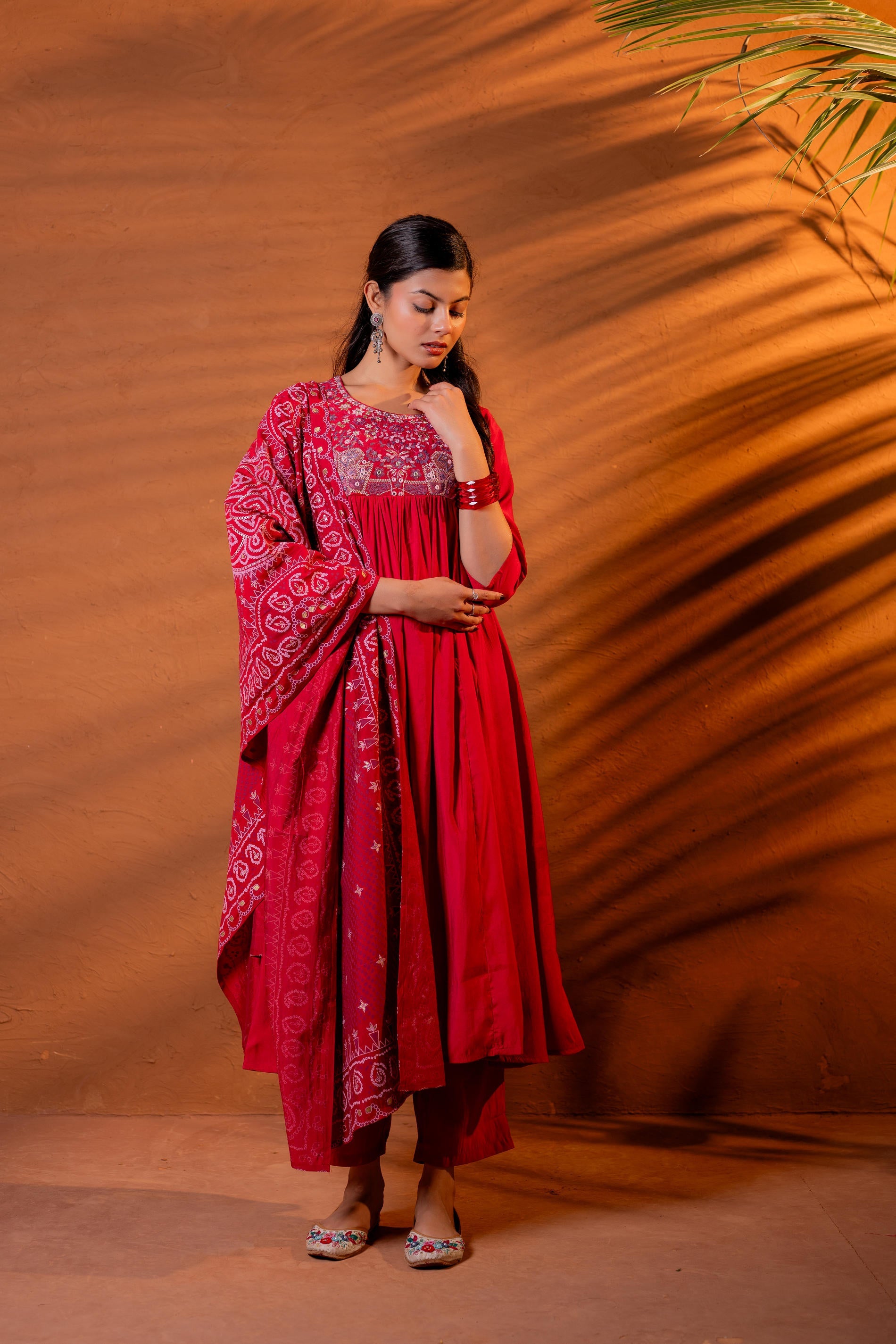 Maroon, Ajrakh-Inspired Printed Kurta Set with Embroidered Yoke & Matching Dupatta